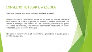CONSELHO TUTELAR E A ESCOLA 
Quando os Pais não buscam os alunos na escola ou atrasam? 
Esgotados todas as tentativas da Escola em encontrar os Pais por telefone e 
deslocamento até o local (sugerimos no mínimo 3 contatos atualizados com 
telefone e endereço), sem sucesso, o CT será acionado, deixando claro que na 
falta destes responsáveis, será realizado acolhimento institucional do aluno, 
realizando B.O. de abandono de incapaz. 
Em caso de reincidência, o CT encaminhará à promotoria de justiça para as 
providências cabíveis. 
 