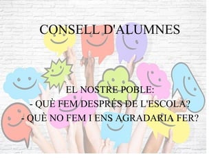 CONSELL D'ALUMNES
EL NOSTRE POBLE:
- QUÈ FEM DESPRÉS DE L'ESCOLA?
- QUÈ NO FEM I ENS AGRADARIA FER?
 