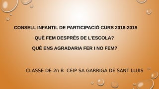CLASSE DE 2n B CEIP SA GARRIGA DE SANT LLUIS
CONSELL INFANTIL DE PARTICIPACIÓ CURS 2018-2019
QUÈ FEM DESPRÉS DE L’ESCOLA?
...