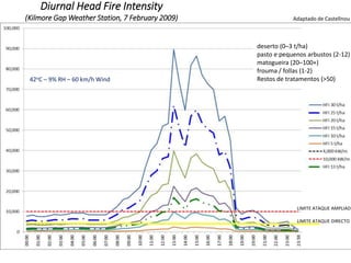 Diurnal Head Fire Intensity
(Kilmore Gap Weather Station, 7 February 2009)
42oC – 9% RH – 60 km/h Wind
deserto (0–3 t/ha)
pasto e pequenos arbustos (2-12)
matogueira (20–100+)
frouma / follas (1-2)
Restos de tratamentos (>50)
LIMITE ATAQUE DIRECTO
LIMITE ATAQUE AMPLIADO
Adaptado de Castellnou
 