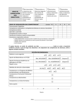 GRAO DE
CONSECUCIÓN
DOS
OBXECTIVOS:
□Non desenvolveu
os obxectivos das
distintas materias e
non se aprecia
madureza e
posi...