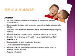 FONÉTICA 
 Ten unha boa discriminación auditiva que lle vai permitir aprender 
fonemas novos 
 Fai secuencias fonéticas máis complexas poidendo articular palabras máis 
difíciles 
 Prodúcese un aumento da atención auditiva poidendo facer trabalenguas, 
acertixos… 
 Gústanlle so xogos de motricidade bucofacial, ca lingua, cos beizos… 
 Aparecen novos fonemas como s,z,ll, r , e os grupos consonánticos 
 SEMÁNTICA 
 Fai descripcións a partir de dibuxos, láminas … 
 Conta experiencias con detalles 
 Gústanlle os xogos lingüisticos creativos como as adiviñas, inventar 
palabras, poesías, cantigas 
 Pregunta e fala todo 
 