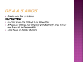  Gústalle moito falar por teléfono 
MORFOSINTAXIS 
 Fai frases longas pero confunde o uso das palabras 
 As frases son cada vez máis complexas gramaticalmente ainda que non 
soen levar máis dunha preposición 
 Utiliza frases en distintas situacións 
 