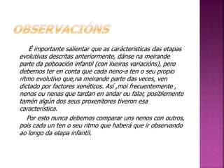 É importante salientar que as carácteristicas das etapas 
evolutivas descritas anteriormente, dánse na meirande 
parte da poboación infantil (con lixeiras variacións), pero 
debemos ter en conta que cada neno-a ten o seu propio 
ritmo evolutivo que,na meirande parte das veces, ven 
dictado por factores xenéticos. Así ,moi frecuentemente , 
nenos ou nenas que tardan en andar ou falar, posiblemente 
tamén algún dos seus proxenitores tiveron esa 
característica. 
Por esto nunca debemos comparar uns nenos con outros, 
pois cada un ten o seu ritmo que haberá que ir observando 
ao longo da etapa infantil. 
 