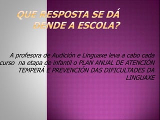 A profesora de Audición e Linguaxe leva a cabo cada 
curso na etapa de infantil o PLAN ANUAL DE ATENCIÓN 
TEMPERÁ E PREVENCIÓN DAS DIFICULTADES DA 
LINGUAXE 
 