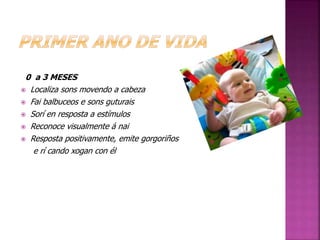 0 a 3 MESES 
 Localiza sons movendo a cabeza 
 Fai balbuceos e sons guturais 
 Sorí en resposta a estímulos 
 Reconoce visualmente á nai 
 Resposta positivamente, emite gorgoriños 
e rí cando xogan con él 
 