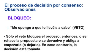 El proceso de decisión por consenso:
Observaciones
BLOQUEO:
l “Me opongo a que lo llevéis a cabo” (VETO)
- Sólo el veto bloquea el proceso; entonces, o se
rehace la propuesta o se devuelve y obliga a
empezarlo (o dejarlo). En caso contrario, la
decisión está tomada.
 