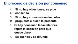 El proceso de decisión por consenso
4. Si no hay objeciones, se pide
el consenso
5. Si no hay consenso se devuelve
la propuesta a quien la presenta
6. Si hay consenso la facilitadora
repite la decisión para que
quede claro
7. Se escribe y se difunde
 
