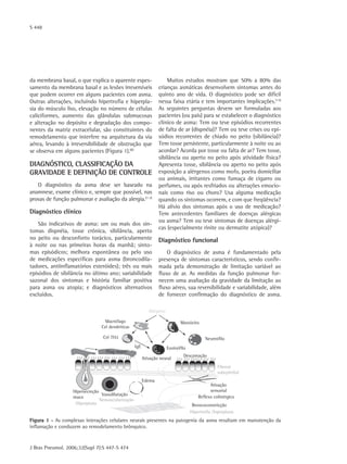 S 448
J Bras Pneumol. 2006;32(Supl 7):S 447-S 474
Figura 1 - As complexas interações celulares neurais presentes na patogenia da asma resultam em manutenção da
inflamação e conduzem ao remodelamento brônquico.
Fibrose
subepitelial
Hipertrofia /hiperplasia
Neovascularização
Hiperplasia
Eosinófilo
Mastócito
Alérgeno
Cel TH2 Neutrófilo
Macrófago
Cel dendriticas
Vasodilatação
Edema
Hipersecreção
muco
Plug muco
Broncoconstricção
Reflexo colinérgico
Descamação
Ativação
sensorial
Ativação neural
IgE
da membrana basal, o que explica o aparente espes-
samento da membrana basal e as lesões irreversíveis
que podem ocorrer em alguns pacientes com asma.
Outras alterações, incluindo hipertrofia e hiperpla-
sia do músculo liso, elevação no número de células
caliciformes, aumento das glândulas submucosas
e alteração no depósito e degradação dos compo-
nentes da matriz extracelular, são constituintes do
remodelamento que interfere na arquitetura da via
aérea, levando à irreversibilidade de obstrução que
se observa em alguns pacientes (Figura 1).(8)
Diagnóstico, classificação da
gravidade e definição de controle
O diagnóstico da asma deve ser baseado na
­anamnese, exame clínico e, sempre que possível, nas
provas de função pulmonar e avaliação da alergia.(1-3)
Diagnóstico clínico
São indicativos de asma: um ou mais dos sin-
tomas dispnéia, tosse crônica, sibilância, aperto
no peito ou desconforto torácico, particularmente
à noite ou nas primeiras horas da manhã; sinto-
mas episódicos; melhora espontânea ou pelo uso
de medicações específicas para asma (broncodila-
tadores, antiinflamatórios esteróides); três ou mais
episódios de sibilância no último ano; variabilidade
sazonal dos sintomas e história familiar positiva
para asma ou atopia; e diagnósticos alternativos
excluídos.
Muitos estudos mostram que 50% a 80% das
crianças asmáticas desenvolvem sintomas antes do
quinto ano de vida. O diagnóstico pode ser difícil
nessa faixa etária e tem importantes implicações.(13)
As seguintes perguntas devem ser formuladas aos
pacientes (ou pais) para se estabelecer o diagnóstico
clínico de asma: Tem ou teve episódios recorrentes
de falta de ar (dispnéia)? Tem ou teve crises ou epi-
sódios recorrentes de chiado no peito (sibilância)?
Tem tosse persistente, particularmente à noite ou ao
acordar? Acorda por tosse ou falta de ar? Tem tosse,
sibilância ou aperto no peito após atividade física?
Apresenta tosse, sibilância ou aperto no peito após
exposição a alérgenos como mofo, poeira domiciliar
ou animais, irritantes como fumaça de cigarro ou
perfumes, ou após resfriados ou alterações emocio-
nais como riso ou choro? Usa alguma medicação
quando os sintomas ocorrem, e com que freqüência?
Há alívio dos sintomas após o uso de medicação?
Tem antecedentes familiares de doenças alérgicas
ou asma? Tem ou teve sintomas de doenças alérgi-
cas (especialmente rinite ou dermatite atópica)?
Diagnóstico funcional
O diagnóstico de asma é fundamentado pela
presença de sintomas característicos, sendo confir-
mada pela demonstração de limitação variável ao
fluxo de ar. As medidas da função pulmonar for-
necem uma avaliação da gravidade da limitação ao
fluxo aéreo, sua reversibilidade e variabilidade, além
de fornecer confirmação do diagnóstico de asma.
 