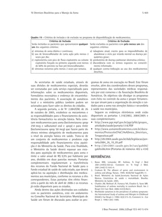 IV Diretrizes Brasileiras para o Manejo da Asma	 S 469
J Bras Pneumol. 2006;32(Supl 7):S 447-S 474
As secretarias de saúde estaduais, através de
suas divisões de medicamentos especiais, deverão
ser contatadas por cada serviço especializado para
informações sobre os medicamentos disponíveis,
formulários necessários e endereço de encaminha-
mento dos pacientes. A associação de asmáticos
local e o ministério público também podem ser
acionados para fazer valer os direitos do cidadão.
A segunda portaria, a de Nº 2.084/GM, de 26
de outubro de 2005, estabelece os mecanismos e
as responsabilidades para o financiamento da assis-
tência farmacêutica na atenção básica. Nela cons-
tam medicamentos para asma (beclometasona spray
250 mcg e salbutamol oral e spray) e para rinite
(beclometasona spray 50 mcg) que fazem parte do
elenco mínimo obrigatório de medicamentos para
o nível da atenção básica em saúde. Trata-se de
um conjunto de medicamentos e produtos cuja
responsabilidade pelo financiamento e/ou aquisi-
ção é do Ministério da Saúde. Para esta finalidade,
o Ministério da Saúde deverá repassar aos esta-
dos para aquisição de medicamentos para asma e
rinite o valor anual de R$ 0,95 por habitante por
ano, dividido em doze parcelas mensais. Portarias
complementares regulamentam a transferência
dos recursos do Fundo Nacional de Saúde para o
fundo estadual de saúde de cada estado, que deverá
aplicá-los na aquisição e distribuição dos medica-
mentos aos municípios, conforme os recursos a eles
correspondentes. Estas portarias têm efeito finan-
ceiro a partir do mês de abril de 2006 e os recursos
já estão disponíveis para os estados.
Ainda dentro das ações destinadas aos cuidados
com os pacientes asmáticos, está em andamento
no Conselho Nacional de Secretários Municipais de
Saúde um fórum de discussão para avaliar os pro-
gramas de asma em execução no Brasil. Este fórum
envolve, além dos coordenadores desses programas,
representantes das sociedades médicas responsá-
veis por este consenso e da Associação Brasileira de
Asmáticos. Os objetivos são divulgar os programas
com êxito no controle da asma e propor ferramen-
tas que sirvam para a organização da atenção e cui-
dados para a asma nas atenções básica e secundária
à saúde nos municípios.
Seguem os endereços eletrônicos onde estão
disponíveis as portarias 1.318/2002, 2084/2005 e
suas complementares:
•	 http://www.pgr.mpf.gov.br/pgr/pfdc/grupos_
atividades/saude/portaria1318.PDF
•	 http://www.asmamedicamentos.com.br/docu-
mentos/ProtocoloCl%C3%ADnico_Diretrizes_
Terapeuticas.pdf
•	 http://dtr2004.saude.gov.br/dab/legislacao/por-
taria2084_26_10_05.pdf
•	 http://dtr2001.saude.gov.br/sas/gab06/
gabfev06.htm (Portarias de números 402 a 434)
REFERÊNCIAS
1.		 Busse WW, Lemanske RF. Asthma. N Engl J Med
2001;344(5):350-62. Comment in: N Engl J Méd.
2001;344(21):1643-4.
2.		 Cookson W. The alliance of genes and environment in
asthma and allergy. Nature. 1999; 402(6760 Suppl):B5-11.
3.		 Brasil. Ministério da Saúde.Secretaria Nacional de Ações
Básicas. Estatísticas de saúde e mortalidade. Brasília:
Ministério da Saúde; 2005.
4.		 Chatkin JM, Molinari JF, Fonseca NA, Chatkin G, Sears MR.
Stabilization of asthma mortality in southern Brazil. Am J
Respir Crit Care Med. 2000;161(3):A623.
5.		 Worldwide variations in the prevalence of asthma symptoms:
the International Study of asthma and Allergies in Childhood
(ISAAC). Eur Respir J. 1998;12(2):315-35. Comment in : Eur
Respir J. 1998;12(4) :1000.
Quadro 19 - Critérios de inclusão e de exclusão no programa de disponibilização de medicamentos.
Critérios de Inclusão
Serão incluídos os pacientes que apresentarem qualquer
um dos seguintes critérios:
Critérios de Exclusão
Serão excluídos os pacientes com pelo menos um dos
seguintes critérios:
a)  sintomas de asma diários e contínuos;
b)  uso de broncodilatador de curta ação pelo menos 2
vezes por dia;
c)  espirometria com pico de fluxo expiratório ou volume
expiratório forçado no primeiro segundo com menos
de 60% do previsto na fase pré-broncodilatador;
d)  sintomas noturnos pelo menos 2 vezes por semana.
a)  tabagismo atual, exceto para os impossibilitados de
abandonar o vício por retardo mental ou doença psi-
quiátrica grave;
b)  predomínio de doença pulmonar obstrutiva crônica;
c)  discordância com os termos expostos no consenti-
mento informado;
d)  qualquer contra-indicação ao uso dos medicamentos
descritos.
 