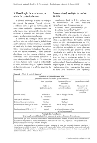 Diretrizes da Sociedade Brasileira de Pneumologia e Tisiologia para o Manejo da Asma - 2012                         S7




3. Classificação de acordo com os                           Instrumentos de avaliação do controle
níveis de controle da asma                                  da asma

    O objetivo do manejo da asma é a obtenção                   Atualmente, dispõe-se de três instrumentos
do controle da doença. Controle refere-se                   de monitorização da asma adaptados
à extensão com a qual as manifestações da                   culturalmente para língua portuguesa:
asma estão suprimidas, espontaneamente ou                      1)	 Asthma Control Questionnaire (ACQ)(3)
                                                               2)	 Asthma Control Test ™ (ACT)(4)
pelo tratamento, e compreende dois domínios
                                                               3)	 Asthma Control Scoring System (ACSS)(5)
distintos: o controle das limitações clínicas
                                                                O ACQ contém sete perguntas no total, das
atuais e a redução dos riscos futuros.
                                                            quais cinco envolvem sinais e sintomas, uma se
    O controle das limitações atuais deve ser
                                                            refere ao uso de medicação de resgate, e a última
preferencialmente avaliado em relação às últimas
                                                            pontua o valor pré-broncodilatador do VEF1
quatro semanas e inclui sintomas, necessidade
                                                            expresso em percentual do previsto.(3) As perguntas
de medicação de alívio, limitação de atividades             são objetivas, autoaplicáveis e autoexplicativas,
físicas e intensidade da limitação ao fluxo aéreo.          sendo seis respondidas pelo paciente e a última
Com base nesses parâmetros, a asma pode ser                 completada pelo médico. Os itens têm pesos
classificada em três grupos distintos: asma                 iguais, e o escore do ACQ é a média dos sete
controlada, asma parcialmente controlada e                  itens; por isso, as pontuações variam de zero
asma não controlada (Quadro 2).(1,2) A prevenção            (asma bem controlada) a 6 (asma extremamente
de riscos futuros inclui reduzir a instabilidade            mal controlada). Quando validado para o uso em
da asma, suas exacerbações, a perda acelerada               língua inglesa, o ACQ foi medido em diversos
da função pulmonar e os efeitos adversos do                 estudos prospectivos e apresentou dois pontos
tratamento.                                                 de corte para discriminar, com segurança,

Quadro 2 - Níveis de controle da asma.a
                                    Avaliação do controle clínico atual
                              (preferencialmente nas últimas quatro semanas)
Parâmetros                               Asma controlada            Asma parcialmente          Asma não controlada
                                                                       controlada
                                            Todos os                  Um ou dois dos             Três ou mais dos
                                        parâmetros abaixo            parâmetros abaixo            parâmetros da
                                                                                                asma parcialmente
                                                                                                    controlada
Sintomas diurnos                           Nenhum ou             Três ou mais por semana
                                         ≤ 2 por semana
Limitação de atividades                      Nenhuma                     Qualquer
Sintomas/despertares noturnos                Nenhum                      Qualquer
Necessidade de medicação de alívio        Nenhuma ou             Três ou mais por semana
                                         ≤ 2 por semana
Função pulmonar (PFE ou VEF1)b,c              Normal           < 80% predito ou do melhor
                                                                  prévio (se conhecido)
                                            Avaliação dos riscos futuros
              (exacerbações, instabilidade, declínio acelerado da função pulmonar e efeitos adversos)
Características que estão associadas com aumento dos riscos de eventos adversos no futuro: mau controle clínico,
exacerbações frequentes no último ano,a admissão prévia em UTI, baixo VEF1, exposição à fumaça do tabaco e
necessidade de usar medicação em altas dosagens
a
 Por definição, uma exacerbação em qualquer semana é indicativa de asma não controlada. Qualquer exacerbação é
indicativa da necessidade de revisão do tratamento de manutenção. bValores pré-broncodilatador sob o uso da medicação
controladora atual. cNão aplicável na avaliação do controle da asma em crianças menores de cinco anos. Adaptado de
Global Initiative for Asthma e Pedersen et al.(1,2)



                                                                                 J Bras Pneumol. 2012;38(supl.1):S1-S46
 