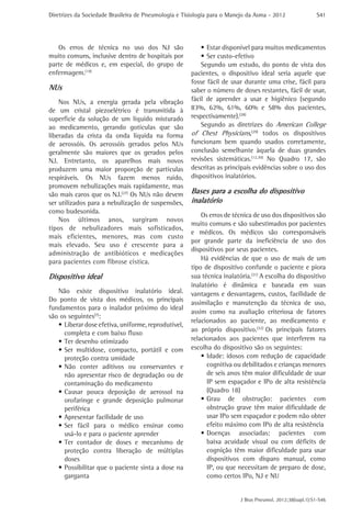 Diretrizes da Sociedade Brasileira de Pneumologia e Tisiologia para o Manejo da Asma - 2012               S41




   Os erros de técnica no uso dos NJ são                  •	Estar disponível para muitos medicamentos
muito comuns, inclusive dentro de hospitais por           •	Ser custo-efetivo
parte de médicos e, em especial, do grupo de              Segundo um estudo, do ponto de vista dos
enfermagem.(19)                                       pacientes, o dispositivo ideal seria aquele que
                                                      fosse fácil de usar durante uma crise, fácil para
NUs                                                   saber o número de doses restantes, fácil de usar,
    Nos NUs, a energia gerada pela vibração           fácil de aprender a usar e higiênico (segundo
de um cristal piezoelétrico é transmitida à           83%, 62%, 61%, 60% e 58% dos pacientes,
superfície da solução de um líquido misturado         respectivamente).(28)
ao medicamento, gerando gotículas que são                 Segundo as diretrizes do American College
liberadas da crista da onda líquida na forma          of Chest Physicians,(29) todos os dispositivos
de aerossóis. Os aerossóis gerados pelos NUs          funcionam bem quando usados corretamente,
geralmente são maiores que os gerados pelos           conclusão semelhante àquela de duas grandes
NJ. Entretanto, os aparelhos mais novos               revisões sistemáticas.(12,30) No Quadro 17, são
produzem uma maior proporção de partículas            descritas as principais evidências sobre o uso dos
respiráveis. Os NUs fazem menos ruído,                dispositivos inalatórios.
promovem nebulizações mais rapidamente, mas
são mais caros que os NJ.(27) Os NUs não devem        Bases para a escolha do dispositivo
ser utilizados para a nebulização de suspensões,      inalatório
como budesonida.
                                                          Os erros de técnica de uso dos dispositivos são
    Nos últimos anos, surgiram novos
                                                      muito comuns e são subestimados por pacientes
tipos de nebulizadores mais sofisticados,
                                                      e médicos. Os médicos são corresponsáveis
mais eficientes, menores, mas com custo
                                                      por grande parte da ineficiência de uso dos
mais elevado. Seu uso é crescente para a
                                                      dispositivos por seus pacientes.
administração de antibióticos e medicações
para pacientes com fibrose cística.                       Há evidências de que o uso de mais de um
                                                      tipo de dispositivo confunde o paciente e piora
Dispositivo ideal                                     sua técnica inalatória.(31) A escolha do dispositivo
                                                      inalatório é dinâmica e baseada em suas
   Não existe dispositivo inalatório ideal.           vantagens e desvantagens, custos, facilidade de
Do ponto de vista dos médicos, os principais          assimilação e manutenção da técnica de uso,
fundamentos para o inalador próximo do ideal
                                                      assim como na avaliação criteriosa de fatores
são os seguintes(7):
                                                      relacionados ao paciente, ao medicamento e
   •	Liberar dose efetiva, uniforme, reprodutível,
                                                      ao próprio dispositivo.(32) Os principais fatores
     completa e com baixo fluxo
   •	Ter desenho otimizado                            relacionados aos pacientes que interferem na
   •	Ser multidose, compacto, portátil e com          escolha do dispositivo são os seguintes:
     proteção contra umidade                              •	Idade: idosos com redução de capacidade
   •	Não conter aditivos ou conservantes e                  cognitiva ou debilitados e crianças menores
     não apresentar risco de degradação ou de               de seis anos têm maior dificuldade de usar
     contaminação do medicamento                            IP sem espaçador e IPo de alta resistência
   •	Causar pouca deposição de aerossol na                  (Quadro 18)
     orofaringe e grande deposição pulmonar               •	Grau de obstrução: pacientes com
     periférica                                             obstrução grave têm maior dificuldade de
   •	Apresentar facilidade de uso                           usar IPo sem espaçador e podem não obter
   •	Ser fácil para o médico ensinar como                   efeito máximo com IPo de alta resistência
     usá-lo e para o paciente aprender                    •	Doenças associadas: pacientes com
   •	Ter contador de doses e mecanismo de                   baixa acuidade visual ou com déficits de
     proteção contra liberação de múltiplas                 cognição têm maior dificuldade para usar
     doses                                                  dispositivos com disparo manual, como
   •	Possibilitar que o paciente sinta a dose na            IP, ou que necessitam de preparo de dose,
     garganta                                               como certos IPo, NJ e NU


                                                                         J Bras Pneumol. 2012;38(supl.1):S1-S46
 
