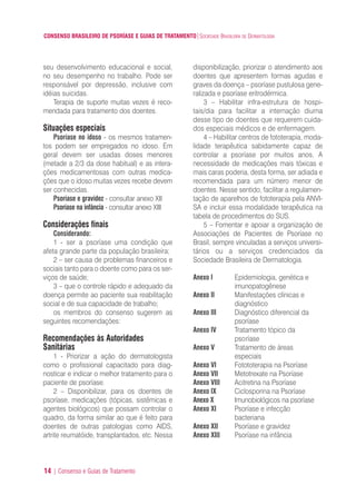CONSENSO BRASILEIRO DE PSORÍASE E GUIAS DE TRATAMENTO|SOCIEDADE BRASILEIRA DE DERMATOLOGIA
14 | Consenso e Guias de Tratamento
seu desenvolvimento educacional e social,
no seu desempenho no trabalho. Pode ser
responsável por depressão, inclusive com
idéias suicidas.
Terapia de suporte muitas vezes é reco-
mendada para tratamento dos doentes.
Situações especiais
Psoríase no idoso - os mesmos tratamen-
tos podem ser empregados no idoso. Em
geral devem ser usadas doses menores
(metade a 2/3 da dose habitual) e as intera-
ções medicamentosas com outras medica-
ções que o idoso muitas vezes recebe devem
ser conhecidas.
Psoríase e gravidez - consultar anexo XII
Psoríase na infância - consultar anexo XIII
Considerações finais
Considerando:
1 - ser a psoríase uma condição que
afeta grande parte da população brasileira;
2 – ser causa de problemas financeiros e
sociais tanto para o doente como para os ser-
viços de saúde;
3 – que o controle rápido e adequado da
doença permite ao paciente sua reabilitação
social e de sua capacidade de trabalho;
os membros do consenso sugerem as
seguintes recomendações:
Recomendações às Autoridades
Sanitárias
1 - Priorizar a ação do dermatologista
como o profissional capacitado para diag-
nosticar e indicar o melhor tratamento para o
paciente de psoríase.
2 – Disponibilizar, para os doentes de
psoríase, medicações (tópicas, sistêmicas e
agentes biológicos) que possam controlar o
quadro, da forma similar ao que é feito para
doentes de outras patologias como AIDS,
artrite reumatóide, transplantados, etc. Nessa
disponibilização, priorizar o atendimento aos
doentes que apresentem formas agudas e
graves da doença – psoríase pustulosa gene-
ralizada e psoríase eritrodérmica.
3 – Habilitar infra-estrutura de hospi-
tais/dia para facilitar a internação diurna
desse tipo de doentes que requerem cuida-
dos especiais médicos e de enfermagem.
4 – Habilitar centros de fototerapia, moda-
lidade terapêutica sabidamente capaz de
controlar a psoríase por muitos anos. A
necessidade de medicações mais tóxicas e
mais caras poderia, desta forma, ser adiada e
recomendada para um número menor de
doentes. Nesse sentido, facilitar a regulamen-
tação de aparelhos de fototerapia pela ANVI-
SA e incluir essa modalidade terapêutica na
tabela de procedimentos do SUS.
5 – Fomentar e apoiar a organização de
Associações de Pacientes de Psoríase no
Brasil, sempre vinculadas a serviços universi-
tários ou a serviços credenciados da
Sociedade Brasileira de Dermatologia.
Anexo I Epidemiologia, genética e
imunopatogênese
Anexo II Manifestações clínicas e
diagnóstico
Anexo III Diagnóstico diferencial da
psoríase
Anexo IV Tratamento tópico da
psoríase
Anexo V Tratamento de áreas
especiais
Anexo VI Fotototerapia na Psoríase
Anexo VII Metotrexate na Psoríase
Anexo VIII Acitretina na Psoríase
Anexo IX Ciclosporina na Psoríase
Anexo X Imunobiológicos na psoríase
Anexo XI Psoríase e infecção
bacteriana
Anexo XII Psoríase e gravidez
Anexo XIII Psoríase na infância
ConcensoPsoríase.qxd 28.08.06 09:20 Page 14
 