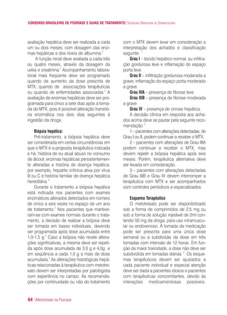 CONSENSO BRASILEIRO DE PSORÍASE E GUIAS DE TRATAMENTO|SOCIEDADE BRASILEIRA DE DERMATOLOGIA
64 |Metotrexate na Psoríase
avaliação hepática deve ser realizada a cada
um ou dois meses, com dosagem das enzi-
mas hepáticas e dos níveis de albumina.2
A função renal deve avaliada a cada três
ou quatro meses, através da dosagem da
uréia e creatinina.2
Acompanhamento labora-
torial mais freqüente deve ser programado
quando de aumento da dose prescrita de
MTX, quando de associações terapêuticas
ou quando de enfermidades associadas.2
A
avaliação de enzimas hepáticas deve ser pro-
gramada para cinco a sete dias após a toma-
da do MTX, pois é possível alteração transitó-
ria enzimática nos dois dias seguintes à
ingestão da droga.
Biópsia hepática:
Pré-tratamento, a biópsia hepática deve
ser considerada em certas circunstâncias em
que o MTX é a proposta terapêutica indicada
e há: história de ou atual abuso no consumo
de álcool; enzimas hepáticas persistentemen-
te alteradas e história de doença hepática,
por exemplo, hepatite crônica ativa por vírus
B ou C e história familiar de doença hepática
hereditária.2
Durante o tratamento a biópsia hepática
está indicada nos pacientes com exames
enzimáticos alterados detectados em número
de cinco a seis vezes no espaço de um ano
de tratamento.2
Nos pacientes que mantive-
ram-se com exames normais durante o trata-
mento, a decisão de realizar a biópsia deve
ser tomada em bases individuais, devendo
ser programada após dose acumulada entre
1,0-1,5 g.2
Caso a biópsia não revele altera-
ções significativas, a mesma deve ser repeti-
da após dose acumulada de 3,0 g e 4,0g e
em seqüência a cada 1,0 g a mais de dose
acumulada.2
As alterações histológicas hepá-
ticas relacionadas à terapêutica com metotre-
xato devem ser interpretadas por patologista
com experiência no campo. As recomenda-
ções por continuidade ou não do tratamento
com o MTX devem levar em consideração a
interpretação dos achados e classificação
seguinte: 1
Grau I – tecido hepático normal, ou infiltra-
ção gordurosa leve e inflamação do espaço
porta leve.
Grau II – infiltração gordurosa moderada a
grave; inflamação do espaço porta moderado
a grave.
Grau IIIA – presença de fibrose leve
Grau IIIB – presença de fibrose moderada
a grave
Grau IV – presença de cirrose hepática.
A decisão clínica em resposta aos acha-
dos acima deve se pautar pela seguinte reco-
mendação:2
1 – pacientes com alterações detectadas, de
Grau I ou II, podem continuar a receber o MTX.
2 – pacientes com alterações de Grau IIIA
podem continuar a receber o MTX, mas
devem repetir a biópsia hepática após seis
meses. Porém, terapêutica alternativa deve
ser levada em consideração.
3 – pacientes com alterações detectadas
de Grau IIIB e Grau IV devem interromper a
terapêutica com MTX e ser acompanhados
com controles periódicos e especializados.
Esquema Terapêutico
O metotrexato pode ser disponibilizado
sob a forma de comprimidos de 2,5 mg ou
sob a forma de solução injetável de 2ml con-
tendo 50 mg da droga, para uso intramuscu-
lar ou endovenoso. A tomada da medicação
pode ser prescrita para uma única dose
semanal ou a subdivisão da dose em três
tomadas com intervalo de 12 horas. Em fun-
ção da maior toxicidade, a dose não deve ser
subdividida em tomadas diárias.2
Os esque-
mas terapêuticos devem ser ajustados a
cada paciente individual e especial atenção
deve ser dada a pacientes idosos e pacientes
com terapêuticas concomitantes, devido às
interações medicamentosas possíveis.
ConcensoPsoríase.qxd 28.08.06 09:20 Page 64
 