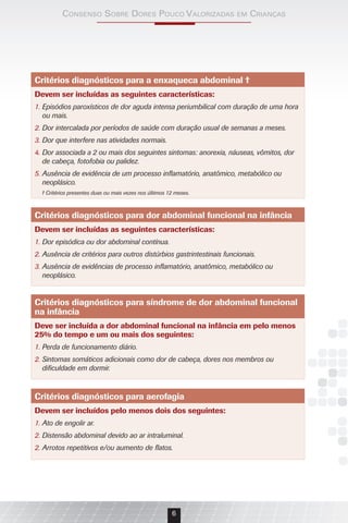 consenso sobre Dores Pouco VAlorizADAs em criAnçAs
6
Critérios diagnósticos para a enxaqueca abdominal †
Devem ser incluídas as seguintes características:
1. Episódios paroxísticos de dor aguda intensa periumbilical com duração de uma hora
ou mais.
2. Dor intercalada por períodos de saúde com duração usual de semanas a meses.
3. Dor que interfere nas atividades normais.
4. Dor associada a 2 ou mais dos seguintes sintomas: anorexia, náuseas, vômitos, dor
de cabeça, fotofobia ou palidez.
5. Ausência de evidência de um processo inflamatório, anatômico, metabólico ou
neoplásico.
Critérios diagnósticos para dor abdominal funcional na infância
Devem ser incluídas as seguintes características:
1. Dor episódica ou dor abdominal contínua.
2. Ausência de critérios para outros distúrbios gastrintestinais funcionais.
3. Ausência de evidências de processo inflamatório, anatômico, metabólico ou
neoplásico.
Critérios diagnósticos para síndrome de dor abdominal funcional
na infância
Deve ser incluída a dor abdominal funcional na infância em pelo menos
25% do tempo e um ou mais dos seguintes:
1. Perda de funcionamento diário.
2. Sintomas somáticos adicionais como dor de cabeça, dores nos membros ou
dificuldade em dormir.
Critérios diagnósticos para aerofagia
Devem ser incluídos pelo menos dois dos seguintes:
1. Ato de engolir ar.
2. Distensão abdominal devido ao ar intraluminal.
2. Arrotos repetitivos e/ou aumento de flatos.
† Critérios presentes duas ou mais vezes nos últimos 12 meses.
 