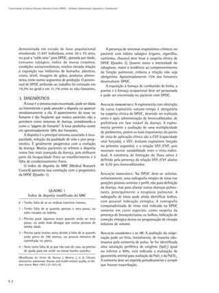 “Caracterização da Doença Pulmonar Obstrutiva Crônica (DPOC) – Definição, Epidemiologia, Diagnóstico e Estadiamento”




           demonstrada em estudo de base populacional                                               A presença de sintomas respiratórios crônicos no
           envolvendo 11.447 indivíduos, entre 30 e 75 anos,                                     paciente com hábito tabágico (cigarro, cigarrilha,
           no qual a “odds ratio” para DPOC, ajustada por idade,                                 cachimbo, charuto) deve levar à suspeita clínica de
           consumo tabágico, índice de massa corpórea,                                           DPOC (Quadro 2). Quanto maior a intensidade do
           condições socioeconômicas, revelou elevada relação                                    tabagismo, maior a tendência ao comprometimento
           à exposição nas indústrias de borracha, plásticos,                                    da função pulmonar, embora a relação não seja
           couro, têxtil, moagem de grãos, produtos alimen-                                      obrigatória. Aproximadamente 15% dos fumantes
           tícios, entre outros segmentos de produção. O percen-                                 desenvolvem DPOC.
           tual de DPOC atribuído ao trabalho foi estimado em                                       A exposição à fumaça de combustão de lenha, a
           19,2% no geral e em 31,1% entre os não-fumantes.                                      poeiras e à fumaça ocupacional deve ser pesquisada
                                                                                                 e pode ser encontrada no paciente com DPOC.
           3. DIAGNÓSTICO
               A tosse é o sintoma mais encontrado, pode ser diária                              AVALIAÇÃO ESPIROMÉTRICA: A espirometria com obtenção
           ou intermitente e pode preceder a dispnéia ou aparecer                                da curva expiratória volume-tempo é obrigatória
           simultaneamente a ela. O aparecimento da tosse no                                     na suspeita clínica de DPOC, devendo ser realizada
           fumante é tão freqüente que muitos pacientes não a                                    antes e após administração de broncodilatador, de
           percebem como sintomas de doença, considerando-a                                      preferência em fase estável da doença. A espiro-
           como o “pigarro do fumante”. A tosse produtiva ocorre                                 metria permite a avaliação de uma multiplicidade
           em aproximadamente 50% dos fumantes.                                                  de parâmetros, porém os mais importantes do ponto
               A dispnéia é o principal sintoma associado à inca-
                                                                                                 de vista de aplicação clínica são a CVF (capacidade
           pacidade, redução da qualidade de vida e pior prog-
                                                                                                 vital forçada), o VEF1 (volume expiratório forçado
           nóstico. É geralmente progressiva com a evolução
                                                                                                 no primeiro segundo), e a relação VEF1/CVF, pois
           da doença. Muitos pacientes só referem a dispnéia
                                                                                                 mostram menor variabilidade inter e intra-indivi-
           numa fase mais avançada da doença, pois atribuem
           parte da incapacidade física ao envelhecimento e à                                    dual. A existência de limitação do fluxo aéreo é
           falta de condicionamento físico.                                                      definida pela presença da relação VEF1/CVF abaixo
               O índice de dispnéia do MRC (Medical Research                                     de 0,70 pós-broncodilatador.
           Council) apresenta boa correlação com o prognóstico
           da DPOC (Quadro 1).                                                                   AVALIAÇÃO RADIOLÓGICA: Na DPOC deve-se solicitar,
                                                                                                 rotineiramente, uma radiografia simples de tórax nas
                                                                                                 posições póstero-anterior e perfil, não para definição
                                                                                                 da doença, mas para afastar outras doenças pulmo-
                                  QUADRO 1                                                       nares, principalmente a neoplasia pulmonar. A
                    Índice de dispnéia modificado do MRC                                         radiografia de tórax pode ainda identificar bolhas,
           0 – Tenho falta de ar ao realizar exercício intenso.                                  com possível indicação cirúrgica. A tomografia
                                                                                                 computadorizada de tórax está indicada na DPOC
           1 – Tenho falta de ar quando apresso o meu passo, ou
                                                                                                 somente em casos especiais, como suspeita da
               subo escadas ou ladeira.
                                                                                                 presença de bronquiectasias ou bolhas, indicação de
           2 – Preciso parar algumas vezes quando ando no meu                                    correção cirúrgica destas ou programação de cirurgia
               passo, ou ando mais devagar que outras pessoas de                                 redutora de volume.
               minha idade.
           3 – Preciso parar muitas vezes devido à falta de ar quando                            AVALIAÇÃO GASOMÉTRICA E DO PH: A avaliação da oxige-
               ando perto de 100 metros, ou poucos minutos de                                    nação pode ser feita, inicialmente, de maneira não-
               caminhada no plano.                                                               invasiva pela oximetria de pulso. Se for identificada
           4 – Sinto tanta falta de ar que não saio de casa, ou preciso                          uma saturação periférica de oxigênio (SpO2) igual
               de ajuda para me vestir ou tomar banho sozinho.                                   ou inferior a 90%, está indicada a realização de
           (Modificado de: Ferrer M, Alonso J, Morera J, et al. Chronic
                                                                                                 gasometria arterial para avaliação da PaO2 e da PaCO2.
           obstructive pulmonary disease and health-related quality of life.                     A oximetria deve ser repetida periodicamente e sempre
           Ann Intern Med 1997;127:1072-9)                                                       que houver exacerbação.



S2
 