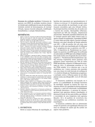 Jornal Brasileiro de Pnemologia




Desmame da ventilação mecânica: O desmame do                                         bactérias são responsáveis por aproximadamente 2/
paciente com DPOC do ventilador mecânico deverá                                      3 destas e os vírus por 1/3. As bactérias podem atuar
ser iniciado após estabilização da causa da exacerbação,                             como causa primária da exacerbação ou agir como
incluindo controle do broncoespasmo, de eventual                                     invasores secundários após uma infecção virótica.
infecção, repouso muscular adequado, estabilização                                   As principais bactérias envolvidas são, de acordo com
hemodinâmica e correção hidroeletrolítica.                                           a maioria dos estudos, Haemophilus influenzae,
                                                                                     responsável por 50% das infecções, Streptococcus
REFERÊNCIAS                                                                          pneumoniae e Moraxella catarrhalis. Infelizmente não
1.    Martin TJ, Hovis JD , Constantino JP, Bierman MI, Donahoe MP, Rogers           se consegue apontar pelos dados clínicos qual é o
      RM, Kreit JW, Sciurba FC, Stiller RA, Sanders MH. A Randomized,
      prospective evaluation of noninvasive ventilation for acute respiratory
                                                                                     agente causador da agudização. A gravidade da DPOC
      failure. Am J Respir Crit Care Med 2000;161:807-813.                           é o único dado que pode sugerir a possível etiologia.
2.    Plant PK, Owen JL, Elliott MW. Non-invasive ventilation in acute               Pacientes com grave alteração da função pulmonar
      exacerbation of chronic obstructive pulmonary disease: long term survivor
      and predictors of in-hospital outcome. Thorax 2001;56:708-712.                 com VEF1 < 50% do previsto têm seis vezes mais
3.    Wang C- Sequential non-invasive mechanical ventilation following               chances de sofrer uma exacerbação pelo H. influenzae
      short-term invasive mechanical ventilation in COPD indiced
      hypercapnic respiratory failure. Chin Med 2003;116:39-43.
                                                                                     ou P. aeruginosa do que os pacientes com VEF1 >
4.    Chen J, Qiu D, Tao D. Time for extubation and sequential noninvasive           50%. A importância da Pseudomonas nas exacer-
      mechanical ventilation in COPD patients with exacerbated respiratory
      failure who received invasive ventilation. Chin J Tuberc Respir Dis
                                                                                     bações nos pacientes com DPOC grave foi confirmada
      2001;24:99-100.                                                                em outro estudo com DPOC grave sob ventilação mecânica.
5.    Bellone A, Spagnolatti L, Massobrio M, Bellei E, Vinciguerra R, Barbieri       Este estudo revelou uma inesperada alta taxa de Gram-
      A, Iori E, Bendinelli S, Nava S. Short-term effects of expiration under
      positive pressure in patients with acute exacerbation of chronic obstructive   negativos e Pseudomonas/Stenotrophomonas spp.
      pulmonary disease and mild acidosis requiring non-invasive positive            Nas amostras respiratórias destes pacientes estes
      pressure ventilation. Intensive Care Medicine 2002;28:581-585.
6.    Ram FSF, Lightowler JV, Wedzicha JA. Non-invasive positive pressure
                                                                                     patógenos foram responsáveis por 44% de todos
      ventilation for treatment of respiratory failure due exacerbation of           PPMs identificados, enquanto H. influenzae foi encon-
      chronic obstructive pulmonary disease. (Cochrane Review). In: The
      Cochrane Library, Issue 3, 2003. Oxford:Update Software.
                                                                                     trada em 33% e S. pneumoniae constituiu só 11%
7.    Ning L, Poole P. Pressure support ventilation following acute ventilatory      dos PPMs isolados. Já se observou que o uso de
      failure in chronic obstructive pulmonary disease. (Protocol for a Cochrane     antibióticos nos 3 meses anteriores está associado
      Review) In: The Cochrane Library, issue 3. Oxford: Update Software.
8.    Summers RL. Effect of the initiation of non invasive bi-level positive         com uma chance de 6,06 (intervalo de confiança de
      airway pressure on haemodynamic stability. Eur J Emerg Med 2002;               1,3 a 28,4) de infecção por Pseudomonas aeruginosa e
      9(1):37-41.
9.    Burns KEA, Adhikari NKJ, Meade MO. Noninvasive positive pressure
                                                                                     a vacinação contra a influenza parece ter um efeito
      ventilation as a weanig strategy for intubated adults with respiratory         protetor contra esta infecção (OR = 0,15; IC 95% 0,03
      failure (Protocol for a Cochrane Review) In: The Cochrane Library,
      Issue 3, 2003. Oxford: Update Software.
                                                                                     a 0,67).
10.   Brochard L, Rauss A, Benito S et al. Comparison of three methods of                O tratamento antibiótico está baseado em 4
      gradual withdrawal from ventilatory support during weaning from                pontos: a) a probabilidade da etiologia bacteriana
      mechanical ventilation. Am J Respir Crit Care Med 1994;150:896-903.
11.   Esteban A, Frutos F, Tobin MJ et al. A comparison of four methods of           da exacerbção, baseada na maioria das vezes nos
      weaning patients from mechanical ventilation. N Engl J Med                     sintomas clínicos; b) a gravidade da doença pulmonar
      1995;332:345-50.
12.   Brochard L, Mancebo J, Wysocki M et al. Noninvasive ventilation for
                                                                                     subjacente, a qual está relacionada à probabilidade
      acute exacerbations of chronic obstructive pulmonary disease. N Engl           de infecção bacteriana e à presença de microor-
      J Med 1995;333:817-822.
13.   Nava S, Ambrosino N, Clini E. et al. Noinvasive mechanical ventilation
                                                                                     ganismos mais agressivos durante exacerbações; c)
      in the weaning of patients with respiratory failure due to chronic             presença de fatores de risco para recidiva, que indicam
      obstructive pulmonary disease. A randomized, controlled trial. Ann             a necessidade de uma terapêutica mais agressiva
      Intern Med 1998;128:721-728.
14.   Esteban A, Frutos-Vivar F, Ferguson ND, Arabi Y, Apezteguia C,                 (Quadro 10) e d) padrões de resistência dos
      González M, Epstein SK, Hill NS, Nava S, Soares Marco Antônio,                 microorganimos aos antibióticos envolvidos nas
      DÉmpaire G, Alia I, Anzueto A. Noninvasive positive-pressure ventilation
      for respiratory failure after extubation. N Engl J Med 2004;350:2452-
                                                                                     exacerbações.
      2460.                                                                              O tratamento antibiótico deve ser administrado
                                                                                     sempre em pacientes com agudização infecciosa com
3. ANTIBIÓTICOS                                                                      troca na coloração do catarro que lhe confere um
      Dentre as causas infecciosas de exacerbações, as                               aspecto mais purulento.




                                                                                                                                                        S9
 