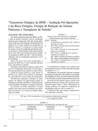 “Tratamento Cirúrgico da DPOC – Avaliação Pré-Operatória
       e do Risco Cirúrgico. Cirurgia de Redução do Volume
       Pulmonar e Transplante de Pulmão”
       AVALIAÇÃO PRÉ-OPERATÓRIA                                                            QUADRO 12
           Um estudo avaliando portadores de DPOC com VEF1               Grupos de risco para ocorrência de complicações
                                                                           cardiopulmonares após ressecção pulmonar
       < 50% do previsto encontrou 29% de complicação
       pulmonar após cirurgia geral, 56% após cirurgia abdo-       Grupos        Definição
                                                                   I             Lesão benigna ou metastática e VEF1 > 80% ou
       minal e 60% após revascularização miocárdica (Nível de
                                                                                 ressecção em cunha
       evidência C). O tempo cirúrgico foi estratificado em        II            VEF1 ≥ 80% e ressecção maior para lesão benigna
       inferior a 1 hora, de 1 a 2 horas, de 2 a 4 horas e acima                 ou metastática, ou
       de 4 horas, e as taxas de complicação ascenderam confor-                  VEF1 < 80% e ressecção em cunha para lesão
       me aumentou o tempo cirúrgico, sendo respectivamente                      benigna ou metastática
       de 4%, 23%, 38% e 73%. Estudo mais recente, também          III           VEF1 ≥ 80%, co-morbidade leve e ressecção
       em portadores de DPOC com VEF1 < 50% do previsto,                         ampliada por neoplasia, ou
       evidenciou 37% de complicações pulmonares e 6,7%                          VEF1 < 80% e ressecção por enfisema ou neoplasia
       de mortalidade.                                             IV            VEF1 < 80% e ressecção ampliada ou broncoplastia, ou
                                                                                 VEF1 ≥ 80%, co-morbidade grave e ressecção
           Apesar de maior risco para complicações, a
                                                                                 ampliada por neoplasia
       presença da DPOC não é contra-indicação absoluta
       para o procedimento cirúrgico.
           Abordagens operatórias no abdome superior têm               Os procedimentos cirúrgicos que evoluem para
       taxas de complicações pulmonares mais elevadas e            ressecção pulmonar têm seus riscos estimados baseados
       de maior gravidade do que aquelas no andar inferior,        nos quadros 12 e 13.
       e a queda da função pulmonar é mais intensa no                  Procedimentos com ressecção pulmonar necessitam
       primeiro caso. Quanto mais próximo do diafragma             de avaliação pré-operatória mais complexa. Cerca de 80%
       for o procedimento, maior o índice de complicações.         dos portadores de câncer de pulmão apresentam DPOC,
           Procedimentos operatórios realizados no andar           e 20 a 30% deles com grave comprometimento pulmonar.
       superior do abdome via laparoscópica podem ser                  Do ponto de vista prático, pode-se tomar como
       realizados em portadores de DPOC e a função pulmonar        parâmetro limitante à cirurgia o VEF1 previsto no pós-
       no pós-operatório é semelhante à cirurgia convencional.     operatório (ppo) inferior a 40%, independente do
           No portador de DPOC submetido a cirurgia                método utilizado. Um algoritmo simplificado de
       cardíaca existe maior taxa de morbidade e pós-opera-        operabilidade pode ser visto no quadro 14.
       tória, em torno de 1,5 a 2 vezes em relação à popu-             O cálculo do VEF1 ppo usando a espirometria é
       lação sem DPOC.                                             feito utilizando a fórmula:

                           VEF1 ppo = VEF1 pré-operatório x (nº de segmentos residuais após ressecção)
                                                                          (nº de segmentos totais)

                                                         QUADRO 13
                          Taxas de complicação pós-operatórias e mortalidade para cada grupo de risco
           Grupos                    Complicações                       Complicações                       Mortalidade
                                     Moderadas (%)                       Graves (%)                           (%)
              I                              2                               2                                   0
              II                            24                               2,5                                2,5
             III                            34                               11                                  8
             IV                             39                               15                                 24




S 18
 