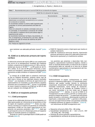 ARTICLE IN PRESS
+Model
REDAR-1282; No. of Pages 29
I. Zarragoikoetxea, A. Pajares, I. Moreno et al.
Tabla 7 Recomendaciones para el uso de ECMO VA en la donación de órganos
ECMO VA en la donación de órganos
Recomendación Evidencia Bibliografía
Se recomienda la preservación de los órganos
abdominales con perfusión normotérmica en el contexto
de la donación en asistolia.
I B 93,94
Se recomienda canalizar la arteria radial izquierda para
comprobar el correcto posicionamiento del balón de
Fogarty.
I C 95
Tanto en la donación en asistolia controlada como en la
no controlada, se recomienda la canulación de la ECMO
a cielo abierto o mediante técnica percutánea según la
experiencia del centro.
I C
Se recomienda monitorizar los ﬂujos y las presiones, el
TCA, la temperatura, el hematocrito y los iones, además
de extracción cada 20 minutos de analíticas de perﬁl
hepático y renal.
I C 93,94
TCA: Tiempo de coagulación activado.
para mantener una adecuada perfusión visceral94
(tabla
7).
10. ECMO en la disfunción primaria del injerto
cardíaco
La disfunción primaria del injerto (DPI) es una complicación
que ocurre en el postoperatorio inmediato del trasplante
cardíaco, presenta una incidencia entre el 3-30% y una mor-
talidad que alcanza el 40-50%96,97
. La DPI puede ser del VI,
VD o ambos. En el caso de DPI grave refractaria a trata-
miento con inotrópicos, vasoconstrictores y vasodilatadores
pulmonares se debe considerar el implante de ECMO98
(tabla
8).
La ventaja de la ECMO sobre la asistencia ventricular
es que se implanta fácilmente, presenta menor tasa de
fallo renal e incluso se han reportado mejores resultados
clínicos99
. Los resultados en términos de supervivencia son
esperanzadores con resultados a un año similares a aquellos
pacientes que no presentaron DPI100
. Incluso, la mortalidad
es menor cuando se implanta una ECMO por un DPI (51,6%)
que por cualquier otra etiología (69,1%)24,101
.
11. ECMO en el trasplante pulmonar
11.1. ECMO pretrasplante
A pesar de las soﬁsticadas técnicas de VM, la hipoxemia y/o
hipercapnia pueden ser refractarias en los pacientes en lista
de espera de trasplante pulmonar102,103
. Existe una expe-
riencia creciente en el soporte de pacientes en ventilación
espontánea y ECMO con una mayor supervivencia en com-
paración con pacientes sometidos a VM102,104-107
, dado que
la participación activa en la ﬁsioterapia previa al trasplante
mejora el resultado posterior al trasplante.
Teniendo en cuenta la patología basal la ECMO puede ser
indicada (tabla 9):
• ECMO VV: hipoxemia severa o hipercapnia que resulta en
acidosis respiratoria.
• ECMO VA: insuﬁciencia ventricular derecha, hipertensión
pulmonar persistente a pesar de la adecuada terapia anti-
hipertensiva (pulmonar) y/o insuﬁciencia cardíaca.
Los pacientes que presentan o desarrollan fallo mul-
tiorgánico, especialmente insuﬁciencia hepática, tienden a
tener un resultado desfavorable y la indicación de un soporte
extracorpóreo debe ser valorada en el seno de un equipo
multidisciplinar especializado en el perioperatorio del tras-
plante pulmonar104,108,109
(tabla 9).
11.2. ECMO intraoperatoria
Tradicionalmente el bypass cardiopulmonar se utilizó
durante la hipoxemia/hipercapnia y la inestabilidad hemo-
dinámica que pueden suceder durante la ventilación
unipulmonar. Actualmente la ECMO ha demostrado menor
necesidad transfusional, menor tiempo de ventilación,
menor estancia en las Unidades de Cuidados Críticos y
una menor mortalidad a los tres meses que el bypass
cardiopulmonar83,110-112
. Además, el uso de la ECMO en el
intraoperatorio es más versátil y permite un manejo perio-
peratorio integral del paciente113
. La reperfusión del pulmón
puede retrasarse y controlarse, disminuyendo la presión de
reperfusión y reduciendo la DPI112
y permite la VM protec-
tora con una supervivencia similar a los pacientes sometidos
a trasplante pulmonar sin soporte circulatorio111
(tabla 9).
Las indicaciones de ECMO intraoperatorio son:
• Hipoxemia refractaria (PaO2/FiO2 < 80 mmHg).
• Inestabilidad hemodinámica (IC < 1,8-2 L/m/m2
, PCP
> 20 mmHg, PAS < 90 mmHg).
• Presiones de arteria pulmonar suprasistémicas.
• Imposibilidad de ventilación de protección pulmonar.
10
 