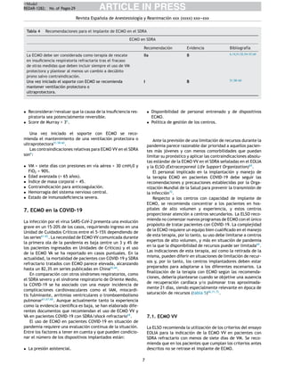 ARTICLE IN PRESS
+Model
REDAR-1282; No. of Pages 29
Revista Española de Anestesiología y Reanimación xxx (xxxx) xxx-
-
-xxx
Tabla 4 Recomendaciones para el implante de ECMO en el SDRA
ECMO en SDRA
Recomendación Evidencia Bibliografía
La ECMO debe ser considerada como terapia de rescate
en insuﬁciencia respiratoria refractaria tras el fracaso
de otras medidas que deben incluir siempre el uso de VM
protectora y plantear al menos un cambio a decúbito
prono salvo contraindicación.
IIa B 6,14,51,52,54-
-
-57,60
Una vez iniciado el soporte con ECMO se recomienda
mantener ventilación protectora o
ultraprotectora.
I B 51,58-
-
-60
• Reconsiderar/revaluar que la causa de la insuﬁciencia res-
piratoria sea potencialmente reversible.
• Score de Murray > 36
.
Una vez iniciado el soporte con ECMO se reco-
mienda el mantenimiento de una ventilación protectora o
ultraprotectora51,58-60
.
Las contraindicaciones relativas para ECMO VV en el SDRA
son6
:
• VM > siete días con presiones en vía aérea > 30 cmH20 y
FiO2 > 90%.
• Edad avanzada (> 65 años).
• Índice de masa corporal > 45.
• Contraindicación para anticoagulación.
• Hemorragia del sistema nervioso central.
• Estado de inmunodeﬁciencia severa.
7. ECMO en la COVID-19
La infección por el virus SARS-CoV-2 presenta una evolución
grave en un 15-20% de los casos, requiriendo ingreso en una
Unidad de Cuidados Críticos entre el 5-15% dependiendo de
las series61-65
. La necesidad de ECMO VV comunicada durante
la primera ola de la pandemia es baja (entre un 3 y 4% de
los pacientes ingresados en Unidades de Críticos) y el uso
de la ECMO VA se ha reportado en casos puntuales. En la
actualidad, la mortalidad de pacientes con COVID-19 y SDRA
refractario tratados con ECMO parece elevada, alcanzando
hasta un 82,3% en series publicadas en China65,66
.
En comparación con otros síndromes respiratorios, como
el SDRA severo y el síndrome respiratorio de Oriente Medio,
la COVID-19 se ha asociado con una mayor incidencia de
complicaciones cardiovasculares como el IAM, miocardi-
tis fulminante, arritmias ventriculares o tromboembolismo
pulmonar61,67,68
. Aunque actualmente tanto la experiencia
como la evidencia cientíﬁca es baja, se han elaborado dife-
rentes documentos que recomiendan el uso de ECMO VV y
VA en pacientes COVID-19 con SDRA/shock refractario69
.
El uso de ECMO en pacientes COVID-19 en situación de
pandemia requiere una evaluación continua de la situación.
Entre los factores a tener en cuenta y que pueden condicio-
nar el número de los dispositivos implantados están:
• La presión asistencial.
• Disponibilidad de personal entrenado y de dispositivos
ECMO.
• Política de gestión de los centros.
Ante la previsión de una limitación de recursos durante la
pandemia parece razonable dar prioridad a aquellos pacien-
tes más jóvenes y con menos comorbilidades que puedan
limitar su pronóstico y aplicar las contraindicaciones absolu-
tas estándar de la ECMO VV en el SDRA señaladas en el EOLIA
y la ELSO (Extracorporeal Life Support Organization)69
.
El personal implicado en la implantación y manejo de
la terapia ECMO en pacientes COVID-19 debe seguir las
recomendaciones y precauciones establecidas por la Orga-
nización Mundial de la Salud para prevenir la transmisión de
la infección70
.
Respecto a los centros con capacidad de implante de
ECMO, se recomienda concentrar a los pacientes en hos-
pitales de alto volumen y experiencia, y estos centros
proporcionar atención a centros secundarios. La ELSO reco-
mienda no comenzar nuevos programas de ECMO con el único
propósito de tratar pacientes con COVID-19. La complejidad
de la ECMO requiere un equipo bien cualiﬁcado en el manejo
de esta terapia, por lo tanto, su uso debe limitarse a centros
expertos de alto volumen, y más en situación de pandemia
en la que la disponibilidad de recursos puede ser limitada69
.
Las indicaciones de esta terapia, así como la retirada de la
misma, pueden diferir en situaciones de limitación de recur-
sos y, por lo tanto, los centros implantadores deben estar
preparados para adaptarse a los diferentes escenarios. La
ﬁnalización de la terapia con ECMO según las recomenda-
ciones, debería plantearse cuando se objetive una ausencia
de recuperación cardíaca y/o pulmonar tras aproximada-
mente 21 días, siendo especialmente relevante en época de
saturación de recursos (tabla 5)66,71,72
.
7.1. ECMO VV
La ELSO recomienda la utilización de los criterios del ensayo
EOLIA para la indicación de la ECMO VV en pacientes con
SDRA refractario con menos de siete días de VM. Se reco-
mienda que en los pacientes que cumplan los criterios antes
descritos no se retrase el implante de ECMO.
7
 