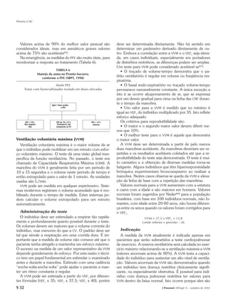 Pereira CAC




  Valores acima de 90% do melhor valor pessoal são                    deve ser determinada diretamente. Não há sentido em
considerados ideais, mas em asmáticos graves valores                  determinar um parâmetro derivado diretamente de ou-
acima de 75% são aceitáveis(62).                                      tro. Embora a correlação entre a VVM e o VEF1 seja eleva-
  Na emergência, as medidas do PFE são muito úteis, para              da, em casos individuais, especialmente em portadores
monitorizar a resposta ao tratamento (Tabela 6).                      de distúrbios restritivos, as diferenças podem ser amplas.
                                                                      Um teste para VVM pode considerado aceitável se(63):
                                  TABELA 6                               • O traçado de volume-tempo demonstra que o pa-
                      Manejo da asma no Pronto-Socorro,
                        conforme o PFE (SBPT, 1998)
                                                                      drão ventilatório é regular em volume ou freqüência res-
                                                                      piratória.
                            Medir PFE                                    • O basal endo-expiratório no traçado volume-tempo
       Tratar com broncodilatador inalado em doses elevadas           permanece razoavelmente constante. A única exceção a
                                                                      isto é se ocorre alçaponamento de ar, que se expressa
                                                                      por um desvio gradual para cima na linha das CRF duran-
                               Após 1 hora avaliar
                                                                      te o tempo da manobra.
                                         o P.E                           • Um valor para a VVM é medido que no mínimo é
                                                                      igual ao VEF1 do indivíduo multiplicado por 35. Isto reflete
                                                                      esforço adequado.
        P.E > 70%                   P.E de 70 a 35%       P.E < 35%      Os critérios para reprodutibilidade são:
       Boa resposta                  Permanecer sob        Internar
           Alta                     tratamento no PS                     • O maior e o segundo maior valor devem diferir me-
                                                                      nos que 10%.
                                                                         • O melhor teste para o VVM é aquele que demonstra
Ventilação voluntária máxima (VVM)                                    o maior valor.
   Ventilação voluntária máxima é o maior volume de ar                   A VVM deve ser determinada a partir de pelo menos
que o indivíduo pode mobilizar em um minuto com esfor-                duas manobras aceitáveis. As manobras deveriam ser re-
ço voluntário máximo. O teste dá uma visão global ines-               petidas e os resultados aceitáveis coletados até que a re-
pecífica da função ventilatória. No passado, o teste era              produtibilidade do teste seja demonstrada. O teste é mui-
chamado de Capacidade Respiratória Máxima (CRM). A                    to cansativo e a obtenção de diversas medidas torna-se
manobra do VVM é geralmente feita por um período de                   fatigante. Alguns indivíduos que têm hiperresponsividade
10 a 15 segundos e o volume neste período de tempo é                  brônquica experimentam broncoespasmo ao realizar a
então extrapolado para o valor de 1 minuto. As unidades               manobra. Nestes casos observa-se queda da VVM e eleva-
usadas são L/min.                                                     ção da linha de base com a repetição das manobras.
   VVM pode ser medida em qualquer espirômetro. Siste-                   Valores normais para a VVM aumentam com a estatura
mas modernos registram o volume acumulado que é mo-                   e caem com a idade e são maiores em homens. Valores
bilizado durante o tempo de medida. Estes sistemas po-                normais foram sugeridos por Neder(64) para a população
dem calcular o volume extrapolado para um minuto                      brasileira, com base em 100 indivíduos normais, não fu-
automaticamente.                                                      mantes, com idade entre 20-80 anos; não houve diferen-
                                                                      ça entre os sexos quando os valores foram corrigidos para
   Administração do teste                                             o VEF1.
   O indivíduo deve ser estimulado a respirar tão rapida-                               VVM = 37,5 x VEF1 + 15,8
mente e profundamente quanto possível durante o teste.                                Limite inferior = previsto – 26
Os volumes devem ser maiores que o volume corrente do
indivíduo, mas menores do que a CV. O padrão deve ser                    Indicação
tal que simule a respiração em uma corrida dura. É im-                   A medida da VVM atualmente é indicada apenas em
portante que a medida de volume não comece até que o                  pacientes que serão submetidos a teste cardiopulmonar
paciente tenha atingido e mantenha um esforço máximo.                 de exercício. A reserva ventilatória será calculada no exer-
O sucesso na medida de um valor representativo da VVM                 cício máximo relacionando-se a ventilação máxima a VVM
depende grandemente do esforço. Por esta razão o técni-               (valores anormais acima de 80%). A VVM testa a capaci-
co tem um papel fundamental em estimular o examinado                  dade do indivíduo para sustentar um alto nível de ventila-
antes e durante a manobra. Estímulo com uma cadência                  ção. Valores anormais da VVM são demonstrados quando
“enche-solta-enche-solta” pode ajudar o paciente a man-               um indivíduo tem doença restritiva clinicamente signifi-
ter um ritmo constante e regular.                                     cante, ou especialmente obstrutiva. É possível para indi-
   A VVM pode ser estimada a partir do VEF1 por diferen-              víduo com doença pulmonar restritiva ter valores para
tes fórmulas (VEF1 x 35; VEF1 x 37,5; VEF1 x 40), porém               VVM dentro da faixa normal. Isto ocorre porque eles são

S 32                                                                                                J Pneumol 28(Supl 3) – outubro de 2002
 