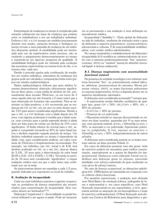 Pereira CAC




   Interpretação de mudanças no tempo é complicada pela      ria ou permanente e sua avaliação é uma atribuição es-
variação substancial nas taxas de mudança que existem        sencialmente médica.
entre os trabalhadores e em um trabalhador individual.          Incapacidade (“disability”) – Efeito global da disfunção
Embora o VEF1 e a CVF possam ser medidos precisamente        na vida do indivíduo, resultante da interação entre o grau
durante uma sessão, variações técnicas e biológicas no       de disfunção e aspectos ergonômicos, socioeconômicos,
tempo tornam a taxa estimada de mudança de um indiví-        educacionais e culturais. É de responsabilidade multidisci-
duo altamente variável. A variabilidade pode ser minimi-     plinar, com caráter médico-administrativo.
zada pelo uso de espirômetros muito precisos, não se            No campo respiratório o estabelecimento de disfunção/
mudando o equipamento desnecessariamente no tempo            incapacidade (D/I) modifica-se substancialmente de acor-
e mantendo-se um rigoroso programa de qualidade. A           do com a natureza predominantemente “fixa” (pneumo-
variabilidade biológica pode ser reduzida pela condução      conioses, DPOC) ou “variável” (asma) do distúrbio funcio-
das sucessivas espirometrias na mesma hora do dia, e no      nal ligado à doença subjacente.
mesmo mês, cada ano.
   Devido à precisão ganha pela combinação de resulta-          8.1. Doença respiratória com anormalidade
dos em muitos indivíduos, estimativas de mudanças dos           funcional estável
grupos pode ser calculada e comparações feitas entre gru-       Na presença de entidade nosológica com substrato aná-
pos em estudos epidemiológicos.                              tomo-funcional “fixo” ou potencialmente estável (silico-
   Dados epidemiológicos indicam que para adultos fu-        se, asbestose, pneumoconiose do carvoeiro, fibrose pul-
mantes desenvolverem obstrução clinicamente significa-       monar crônica, DPOC), os testes funcionais pulmonares
tiva ao fluxo aéreo, a taxa média de declínio do VEF1 pro-   no repouso (espirometria, DCO) e a dispnéia devem ser os
vavelmente deve exceder 90ml/ano, ou em torno de 3           aspectos inicialmente valorizados.
vezes aquela vista em não fumante e 2 vezes maior que a         A disfunção será considerada acentuada(31) sempre que:
taxa observada em fumantes não suscetíveis. Para se mi-         – A espirometria revelar distúrbio ventilatório de qual-
nimizar os falso-positivos, a ATS recomenda que as mu-       quer tipo, grave CVF < 50%, VEF1/CVF% < 40%, VEF1 <
danças da CVF ou VEF1 em um ano ou mais devem exce-          40% do previsto.
der 15% para serem consideradas significativas. Devido a        – A DCO for < 40% do previsto.
que o VEF1 e a CVF declinam com a idade depois dos 35           – Presença de cor pulmonale.
anos, com alguma aceleração à medida que a idade avan-          – Hipoxemia arterial no repouso (documentada no mí-
ça, uma correção para a perda esperada devido à idade        nimo em duas ocasiões, separadas por 4 ou mais sema-
deve ser feita antes de rotular um declínio de 15% como      nas, num paciente estável): a) PaO2 < 60mmHg ou SatO2 <
significativo. O limite inferior do normal para o VEF1 se-   90%, se associado a cor pulmonale, hipertensão pulmo-
guido é computado tornando-se 85% do valor basal me-         nar ou poliglobulia; b) PaO 2 repouso ou exercício <
nos o declínio esperado naquele período de tempo. Um         55mmHg ou SatO2 < 85%, independentemente de outros
declínio individual esperado no tempo é dependente da        achados.
idade, mas, para considerações práticas, um valor cons-         A disfunção será considerada ausente se os testes mos-
tante de 25ml/ano é freqüentemente recomendado. Por          tram valores na faixa prevista (Tabela 1).
exemplo, um indivíduo cujo VEF1 inicial é de 4,0L terá          Em casos de disfunção presente mas não grave, teste
declínio acelerado no VEF1 se o seu VEF1 situa-se abaixo     de exercício poderá ser necessário para melhor caracte-
de 3,10L, 10 anos após a determinação do valor basal         rização, especialmente se a queixa de dispnéia for des-
[(0,85 x 4,0) – (10 x 0,025) = 3,10L]. Tal perda no perío-   proporcional. Destaca-se como indicação formal nos in-
do de 10 anos será considerada “significativa” e requer      divíduos sem disfunção grave no repouso, exercendo
avaliação médica uma vez que o valor baixo seja confir-      atividades com esforço sustentado de grau moderado ou
mado por um re-teste.                                        com picos de esforço intenso.
   As espirometrias devem ser repetidas a cada 1-2 anos,        No caso de doença ocupacional, as alterações radioló-
quando indicadas por exposições no local de trabalho.        gicas (OIT, 1980) devem ser valorizadas em conjunção com
                                                             os critérios clínico-funcionais.
8. Avaliação de incapacidade                                    Por questões operacionais, a avaliação será efetuada
   Cada vez mais indivíduos expostos a agentes ocupacio-     num Nível Básico de resolução (clínica, radiografia de tó-
nais ou portadores de doença respiratória são encami-        rax e espirometria) e, em casos específicos, num Nível
nhados para caracterização de incapacidade. Dois con-        Avançado (associando-se aos supracitados, a DCO, gaso-
ceitos devem ser lembrados(28-30):                           metria arterial ou saturação de oxi-hemoglobina e o teste
   Disfunção (“impairment”) – Anormalidade ou perda fun-     de exercício cardiopulmonar). O Nível Avançado será efe-
cional atribuível a um agravo à saúde. Pode ser temporá-     tuado nos Centros de Referência para diagnóstico e gra-
S 72                                                                                     J Pneumol 28(Supl 3) – outubro de 2002
 