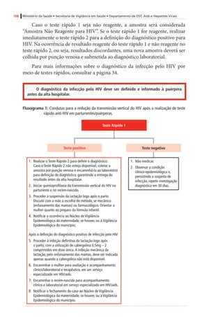 108 Ministério da Saúde • Secretaria de Vigilância em Saúde • Departamento de DST, Aids e Hepatites Virais
Caso o teste rápido 1 seja não reagente, a amostra será considerada
“Amostra Não Reagente para HIV”. Se o teste rápido 1 for reagente, realizar
imediatamente o teste rápido 2 para a definição do diagnóstico positivo para
HIV. Na ocorrência de resultado reagente do teste rápido 1 e não reagente no
teste rápido 2, ou seja, resultados discordantes, uma nova amostra deverá ser
colhida por punção venosa e submetida ao diagnóstico laboratorial.
Para mais informações sobre o diagnóstico da infecção pelo HIV por
meio de testes rápidos, consultar a página 34.
O diagnóstico da infecção pelo HIV deve ser definido e informado à puérpera
antes da alta hospitalar.
Fluxograma 1: Condutas para a redução da transmissão vertical do HIV após a realização de teste
rápido anti-HIV em parturientes/puérperas.
Teste negativo
Teste Rápido 1
Teste positivo
1.	 Realizar o Teste Rápido 2 para definir o diagnóstico.
Caso o Teste Rápido 2 não esteja disponível, coletar a
amostra por punção venosa e encaminhá-la ao laboratório
para definição do diagnóstico, garantindo a entrega do
resultado antes da alta hospitalar.
2.	 Iniciar quimioprofilaxia da transmissão vertical do HIV na
parturiente e no recém-nascido.
3.	 Proceder à suspensão da lactação logo após o parto.
Discutir com a mãe a escolha do método, se mecânico
(enfaixamento das mamas) ou farmacológico. Orientar a
mulher quanto ao preparo da fórmula infantil.
4.	 Notificar a ocorrência ao Núcleo de Vigilância
Epidemiológica da maternidade, se houver, ou à Vigilância
Epidemiológica do município;
Após a definição do diagnóstico positivo de infecção pelo HIV:
5.	 Proceder à inibição definitiva da lactação logo após
o parto, com a utilização de cabergolina 0,5mg – 2
comprimidos em dose única.A inibição mecânica da
lactação, pelo enfaixamento das mamas, deve ser indicada
apenas quando a cabergolina não está disponível.
6.	 Encaminhar a mulher para avaliação e acompanhamento
clínico/laboratorial e terapêutico, em um serviço
especializado em HIV/aids.
7.	 Encaminhar o recém-nascido para acompanhamento
clínico e laboratorial em serviço especializado em HIV/aids.
8.	 Notificar o fechamento do caso ao Núcleo de Vigilância
Epidemiológica da maternidade, se houver, ou à Vigilância
Epidemiológica do município.
1.	 Não medicar.
2.	 Observar a condição
clínico-epidemiológica e,
persistindo a suspeita de
infecção, repetir investigação
diagnóstica em 30 dias.
 