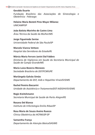 166 Ministério da Saúde • Secretaria de Vigilância em Saúde • Departamento de DST, Aids e Hepatites Virais
Geraldo Duarte
Fundação Brasileira das Associações de Ginecologia e
Obstetrícia - Febrasgo
Helaine Maria Besteti Pires Mayer Milanez
UNICAMP/SP
João Batista Marinho de Castro Lima
Área Técnica da Saúde da Mulher/MS
Jorge Figueiredo Senise
Universidade Federal de São Paulo/SP
Marcelo Vianna Vettore
Hospital dos Servidores do Estado/RJ
Márcia Maria Ferraro Janini Dal Fabbro
Diretoria de Vigilancia em Saude da Secretaria Municipal de
Saúde de Campo Grande/MS
Maria Luiza Bezerra Menezes
Sociedade Brasileira de DST/FCM/UPE
Mariângela Galvão Simão
Departamento de DST, Aids e Hepatites Virais/SVS/MS
Rachel Pereira Baccarini
Unidade de Assistência e Tratamento/DST-AIDS/HV/SVS/MS
Regis Kreitchmamn
Secretaria Municipal de Saúde de Porto Alegre/RS
Rosana Del Bianco
Instituto de Infectologia Emílio Ribas/SP
Rosa Maria de Souza Aveiro Ruocco
Clínica Obstétrica do HCFMUSP-SP
Samantha França
Departamento de Atenção Básica/SAS/MS
 