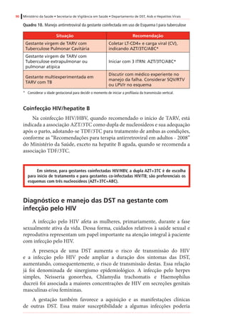 90 Ministério da Saúde • Secretaria de Vigilância em Saúde • Departamento de DST, Aids e Hepatites Virais
Quadro 10.	Manejo antirretroviral da gestante coinfectada em uso de Esquema I para tuberculose
Situação Recomendação
Gestante virgem de TARV com
Tuberculose Pulmonar Cavitária
Coletar LT-CD4+ e carga viral (CV),
indicando AZT/3TC/ABC*
Gestante virgem de TARV com
Tuberculose extrapulmonar ou
pulmonar atípica
Iniciar com 3 ITRN: AZT/3TC/ABC*
Gestante multiexperimentada em
TARV com TB
Discutir com médico experiente no
manejo da falha. Considerar SQV/RTV
ou LPV/r no esquema
*	 Considerar a idade gestacional para decidir o momento de iniciar a profilaxia da transmissão vertical.
Coinfecção HIV/hepatite B
Na coinfecção HIV/HBV, quando recomendado o início de TARV, está
indicada a associação AZT/3TC como dupla de nucleosídeos e sua adequação
após o parto, adotando-se TDF/3TC para tratamento de ambas as condições,
conforme as “Recomendações para terapia antirretroviral em adultos - 2008”
do Ministério da Saúde, exceto na hepatite B aguda, quando se recomenda a
associação TDF/3TC.
Em síntese, para gestantes coinfectadas HIV/HBV, a dupla AZT+3TC é de escolha
para início de tratamento e para gestantes co-infectadas HIV/TB; são preferenciais os
esquemas com três nucleosídeos (AZT+3TC+ABC).
Diagnóstico e manejo das DST na gestante com
infecção pelo HIV
A infecção pelo HIV afeta as mulheres, primariamente, durante a fase
sexualmente ativa da vida. Dessa forma, cuidados relativos à saúde sexual e
reprodutiva representam um papel importante na atenção integral à paciente
com infecção pelo HIV.
A presença de uma DST aumenta o risco de transmissão do HIV
e a infecção pelo HIV pode ampliar a duração dos sintomas das DST,
aumentando, consequentemente, o risco de transmissão destas. Essa relação
já foi denominada de sinergismo epidemiológico. A infecção pelo herpes
simples, Neisseria gonorrhea, Chlamydia trachomatis e Haemophilus
ducreii foi associada a maiores concentrações de HIV em secreções genitais
masculinas e/ou femininas.
A gestação também favorece a aquisição e as manifestações clínicas
de outras DST. Essa maior susceptibilidade a algumas infecções poderia
 