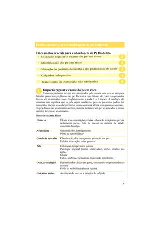Pontos cruciais para a abordagem do pé diabético
7
Cinco pontos cruciais para a abordagem do Pé Diabético
Inspeção regular e exame do pé em risco
Todos os pacientes devem ser examinados pelo menos uma vez ao ano para
detectar potenciais problemas no pé. Pacientes com fatores de risco comprovados
devem ser examinados mais freqüentemente a cada 1 a 6 meses. A ausência de
sintomas não significa que os pés sejam saudáveis, pois os pacientes podem ter
neuropatia, doença vascular periférica ou mesmo uma úlcera sem quaisquer queixas.
Os pés devem ser examinados com o paciente deitado e em pé; os calçados e meias
também devem ser examinados.
História e exame físico
História Úlcera e/ou amputação prévias, educação terapêutica prévia,
isolamento social, falta de acesso ao sistema de saúde,
caminhar descalço
Neuropatia Sintomas: dor, formigamento
Perda da sensibilidade
Condição vascular Claudicação, dor em repouso, pulsação nos pés
Palidez à elevação, rubor postural
Pele Coloração, temperatura, edema
Patologia ungueal (unhas encravadas), cortes errados das
unhas
Úlcera
Calos, anidrose, rachaduras, maceração interdigital
Osso, articulação Deformidades (dedos em garra, em martelo ou proeminências
ósseas)
Perda da mobilidade (hálux rígido)
Calçados, meias Avaliação do interior e exterior do calçado
 