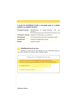 8 Diretrizes Práticas
A perda da sensibilidade devido à neuropatia pode ser avaliada
usando-se as seguintes técnicas:
Percepção de pressão Monofilamentos de Semmes-Weinstein (10g, veja
apêndice)
O risco de ulceração futura pode ser determinado pelo monofilamento de 10g
Percepção de vibração Diapasão de 128 Hz (hálux, veja apêndice)
Discriminação Uso de pino, palito (dorso do pé, sem penetrar a pele)
Sensação tátil Chumaço de algodão (dorso do pé)
Reflexos Tendão de Aquiles
Identificação do pé em risco
Seguindo ao exame do pé, cada paciente deve ser classificado quanto ao
risco, para o qual deve-se conduzir como o indicado a seguir.
 