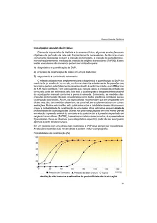 Doença Vascular Periférica
39
Investigação vascular não invasiva
Diante da imprecisão da história e do exame clínico, algumas avaliações mais
objetivas da perfusão da pele são freqüentemente necessárias. As técnicas mais
comumente realizadas incluem a pressão do tornozelo, a pressão do pododáctilo e,
menos freqüentemente, medidas da pressão de oxigênio transcutâneo (TcPO2). Esses
testes vasculares não invasivos podem ser utilizados para:
1) diagnóstico e quantificação da DVP;
2) previsão da cicatrização da lesão em um pé diabético;
3) seguimento e controle do tratamento.
O método utilizado mais amplamente para o diagnóstico e quantificação da DVP é a
medida da pr essão do tornozelo, conforme descrita anteriormente. As pressões dos
tornozelos podem estar falsamente elevadas devido à esclerose média, e um ITB acima
de 1.15 não é confiável. Tem sido sugerido que, nesses casos, a pressão de perfusão do
tornozelo pode ser estimada pelo pole test, o qual registra o desaparecimento do sinal
do ecodoppler manual conforme a perna é elevada. Entretanto, as medidas das
pressões do tornozelo não são consideradas como dados preditivos confiáveis para a
cicatrização das lesões. Assim, os especialistas recomendam que em umpacientecom
úlcera nos pés, tais medidas deveriam, se possível, ser suplementadas com outras
avaliações. Muitos estudos têm sido publicados sobre a habilidade dessas técnicas em
prever a probabilidade de cicatrização de uma lesão. Uma estimativa esquematizadada
probabilidade de cicatrização das úlceras nos pés e amputações em nível menor (minor)
em relação: à pressão arterial do tornozelo e do pododáctilo, e à pressão de perfusão de
oxigênio transcutâneo (TcPO2), baseadas em relatos selecionados, é apresentada na
figura abaixo. Deve-se observar que o diagnóstico específico pode não ser averiguado
apenas a partir dessas curvas.
Em um paciente com uma úlcera não cicatrizada, a DVP deve sempre ser considerada.
Avaliações repetidas são necessárias e podem incluir a angiografia.
Probabilidade de cicatrização (%)
Avaliação não invasiva e estimativa da probabilidade de cicatrização
 