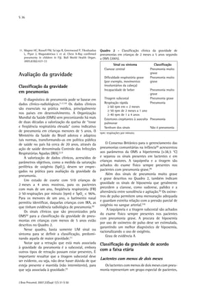 S 36
J Bras Pneumol. 2007;33(Supl 1):S 31-S 50
	11.	Magree HC, Russell FM, Sa’aga R, Greenwood P, Tikoduadua
L, Pryor J, Wagatakirewa L et al. Chest X-Ray confirmed
pneumonia in children in Fiji. Bull World Health Organ.
2005;83(6):427-33
Avaliação da gravidade
Classificação da gravidade
em pneumonias
O diagnóstico de pneumonia pode se basear em
dados clínico-radiológicos.(1,2,3,4)
Os dados clínicos
são essenciais na prática médica, principalmente
nos países em desenvolvimento. A Organização
Mundial da Saúde (OMS) vem preconizando há mais
de duas décadas a valorização da queixa de “tosse
e freqüência respiratória elevada” como indicativo
de pneumonia em crianças menores de 5 anos. O
Ministério da Saúde do Brasil adotou e adaptou
tais normas, transformando-as em política pública
de saúde no país há cerca de 20 anos, através da
ação de saúde denominada Controle das Infecções
Respiratórias Agudas (IRA).(2,3)
A valorização de dados clínicos, acrescidos de
parâmetros objetivos, como a medida da saturação
periférica de oxigênio (SpO2
), devem ser empre-
gados na prática para avaliação da gravidade da
pneumonia.
Um estudo de coorte com 510 crianças de
2 meses a 4 anos mostrou, para os pacientes
com mais de um ano, freqüência respiratória (FR)
≥ 50 respirações por minuto (rpm) e SpO2
< 96%.
Para os menores de um ano, o batimento nasal
permitiu identificar, daquelas crianças com IRA, as
que tinham evidência radiológica de pneumonia.(5)
Os sinais clínicos que são preconizados pela
OMS(6)
para a classificação da gravidade de pneu-
monias em crianças com menos de 5 anos estão
descritos no Quadro 2.
Nesse quadro, basta somente UM sinal ou
sintoma para se definir a classificação, predomi-
nando aquela de maior gravidade.(1)
Notar que a retração que está mais associada
à gravidade da pneumonia é a subcostal, embora
outros tipos de retração possam estar presentes. É
importante ressaltar que a tiragem subcostal deve
ser evidente, ou seja, não deve haver dúvida de que
esteja presente e mantida (não intermitente), para
que seja associada à gravidade.(7)
O Consenso Britânico para o gerenciamento das
pneumonias comunitárias na infância(8)
acrescentou
aos parâmetros da OMS a hipertermia (>38,5 °C)
e separou os sinais presentes em lactentes e em
crianças maiores. A taquipnéia e a tiragem são
achados do exame físico sempre presentes nos
pacientes com pneumonia grave.(9)
Além dos sinais de pneumonia muito grave
e grave descritos no Quadro 2, também indicam
gravidade os sinais de hipoxemia que geralmente
precedem a cianose, como sudorese, palidez e a
alternância entre sonolência e agitação.(6)
Os oxíme-
tros de pulso permitem uma mensuração adequada
e guardam estreita relação com a pressão parcial de
oxigênio no sangue arterial.(10)
A taquipneia e a tiragem subcostal são achados
do exame físico sempre presentes nos pacientes
com pneumonia grave. A procura de hipoxemia
por uso de oxímetro de pulso deve ser estimulada,
garantindo um melhor diagnóstico de hipoxemia,
racionalizando o uso de oxigênio.
Grau de evidência A
Classificação da gravidade de acordo
com a faixa etária
Lactentes com menos de dois meses
Os lactentes com menos de dois meses com pneu-
monia representam um grupo especial de pacientes,
Quadro 2 - Classificação clínica da gravidade de
pneumonias em crianças de 2 meses a 5 anos segundo
a OMS (2005).
Sinal ou sintoma Classificação
Cianose central Pneumonia muito
grave
Dificuldade respiratória grave
(por exemplo, movimentos
involuntários da cabeça)
Pneumonia muito
grave
Incapacidade de beber Pneumonia muito
grave
Tiragem subcostal Pneumonia grave
Respiração rápida
≥ 60 rpm em < 2 meses
≥ 50 rpm de 2 meses a 1 ano
≥ 40 rpm de 1 a 4 anos
Pneumonia
Estertores crepitantes à ausculta
pulmonar
Pneumonia
Nenhum dos sinais Não é pneumonia
rpm: respirações por minuto.
 