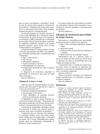 Diretrizes brasileiras em pneumonia adquirida na comunidade em pediatria - 2007
J Bras Pneumol. 2007;33(Supl 1):S 31-S 50
S 37
para os quais está indicada a internação,(2)
devido
ao risco de agentes Gram negativos, estreptococos
β hemolíticos e Staphylococcus aureus como causa-
dores de pneumonia. Nesta faixa etária, portanto,
qualquer pneumonia é considerada grave.
Na atenção primária dos lactentes menores de
2 meses, pela dificuldade de se diferenciar quadros
de pneumonia de outras doenças como septicemia
ou meningite, a OMS recomenda que se classifique
como possível infecção bacteriana grave a presença
de freqüência respiratória elevada ou de tiragem
subcostal mantida e grave. Nesses casos, há uma
conduta própria a ser seguida.(6)
O Consenso Britânico(8)
valoriza também os sinais
e sintomas preconizados pela OMS, mas estabelece
que a principal indicação para a hospitalização seja
a hipoxemia:
	 •  SpO2
< 92%, cianose
	 •  FR ≥ 70 rpm
	 •  Dificuldade respiratória
	 •  Apnéia intermitente, gemido
	 •  Impossibilidade de se alimentar
	 •  Incapacidade da família em tratar o paciente
no domicílio
O diagnóstico de pneumonia adquirida na
comunidade em menores de dois meses de idade
indica internação.
Grau de evidência A
Crianças de 2 meses a 5 anos
Além dos sinais de gravidade (Quadro 2), outros
critérios para internação do lactente de 2 meses a
5 anos com pneumonia são(4,6)
:
	 •  Falha da terapêutica ambulatorial
	 •  Doença grave concomitante
	•  Sinais radiológicos de gravidade (derrame
pleural, pneumatoceles, abscesso)
A radiografia de tórax é sempre indicada nos
casos que necessitam internação.(1,3)
Os portadores de
pneumonia complicada com derrame pleural, pneu-
motórax e pneumatoceles devem ser internados.
A presença de condensação radiológica extensa
tem potencial de evoluir para derrame pleural e,
portanto, serve como um preditor de gravidade.(1,3)
A hipoxemia deve ser utilizada como indicativo
de internação também nessa faixa etária. Assim,
seriam critérios para internação: SpO2
< 92%, além
de cianose, FR ≥ 50 rpm, dificuldade para respirar,
gemido, sinais de desidratação, incapacidade da
família em cuidar do paciente.(8)
As crianças maiores de 2 anos podem ser tratadas
em ambulatório. Havendo falha terapêutica, ou na
presença de sinais de gravidade, a internação deve
ser imediata.
Grau de evidência A
Indicações de transferência para unidade
de terapia intensiva
Recomenda-se a transferência para uma unidade
de terapia intensiva o paciente que apresente:
	•  SpO2
< 92% com fração inspirada de oxigênio
> 60%
	•  Hipotensão arterial
	•  Evidência clínica de grave falência respiratória
e exaustão
	•  Apnéia recorrente ou respiração irregular
Subentende-se que, se o paciente chega ao
serviço de saúde com pelo menos um desses sinais
ou sintomas, ele deva ser encaminhado para uma
unidade de terapia intensiva.
A transferência para a unidade de terapia inten-
siva deve ocorrer na presença de hipoxemia não
responsiva, na presença de instabilidade hemodinâ-
mica e na falência respiratória.
Grau de evidência C
Todos os pacientes internados em unidade de
terapia intensiva devem ser submetidos a pesquisa
do agente etiológico.
Grau de evidência C
Referências
	 1.	Benguigui Y. Infecções respiratórias agudas: fundamentos
técnicos das estratégias de controle. Washington:
Organização Pan-Americana da Saúde; 1997.
	 2.	Brasil. Ministério da Saúde. Assistência e controle das
infecções respiratórias agudas. Brasília, DF, 1994. 36p.
	 3.	Brasil. Ministério da Saúde. Tratamento de pneumonias em
hospitais de pequeno e médio portes. Brasília, DF, 1996.
47p.
	 4.	McIntosh K. Community-acquired pneumonia in children.
New Engl J Med. 2002;346(6):429-37.
	 5.	Mahabee-Gittens EM, Grupp-Phelan J, Brody AS, Donnelly
LF, Bracey SE, Duma EM et al. Identifying children with
pneumonia in the emergency department. Clin Pediatr
(Phila). 2005;44(5):427-35.
	 6.	World Health Organization. Pocket book of hospital care
for children. Guidelines for the management of common
illnesses with limited resources. [Acesso em 12 de fevereiro
de 2006-11-29 ] Disponível em: http://www.who.int/child-
adolescent-health/publications/CHILD_HEALTH/PB.htm.
	 7.	Mulholland EK, Simoes EA, Costales MO, McGrath
EJ, Manalac EM, Gove S. Standardized diagnosis of
pneumonia in developing countries. Pediatric Infec Dis J.
1992;11(2):77-81.
 