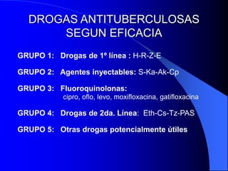 DROGAS ANTITUBERCULOSAS
SEGUN EFICACIA
GRUPO 1: Drogas de 1º línea : H-R-Z-E
GRUPO 2: Agentes inyectables: S-Ka-Ak-Cp
GRUPO 3: Fluoroquinolonas:
cipro, oflo, levo, moxifloxacina, gatifloxacina
GRUPO 4: Drogas de 2da. Línea: Eth-Cs-Tz-PAS
GRUPO 5: Otras drogas potencialmente útiles
 