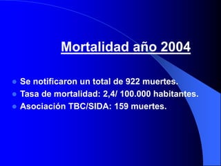 Mortalidad año 2004
 Se notificaron un total de 922 muertes.
 Tasa de mortalidad: 2,4/ 100.000 habitantes.
 Asociación TBC/SIDA: 159 muertes.
 