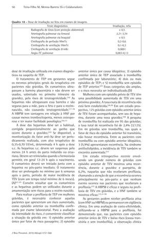 50         Terra-Filho M, Menna-Barreto SS e Colaboradores




Quadro 18 - Dose de irradiação no feto em exames de imagem.
                             Teste diagnóstico                                    Irradiação, mSv
              Radiografia de tórax (com proteção abdominal)                             < 0,5
              Arteriografia pulmonar via femoral                                      2,21-3,74
              Arteriografia pulmonar via braquial                                       < 0,5
              Cintilografia de perfusão 99mTc                                          0,2-0,6
              Cintilografia de ventilação 99mTc                                        0,1-0,3
              Cintilografia de ventilação 81mKr                                        0,0001
              Angio-TC pulmonar                                                      0,003-0,13




dose de irradiação utilizada em exames diagnós-       anterior único por causa idiopática; 3) episódio
ticos na suspeita de TEP.                             anterior único de TEP associado à trombofilia
    O tratamento de TEP em gestantes segue            confirmada por laboratório; 4) dois ou mais
os mesmos princípios gerais da terapêutica em         episódios de TEP; e 5) trombofilia sem episódio
pacientes não grávidas. Os cumarínicos ultra-         de TEP anterior.(27) Essas categorias são amplas,
passam a barreira placentária e não devem ser         e o risco necessita ser individualizado.(D)
usados, sobretudo no primeiro trimestre da                Mulheres com um episódio prévio de TEV têm
gravidez, pelo risco de teratogenicidade.(16) As      uma possibilidade aumentada de TEV em uma
heparinas não ultrapassam essa barreira e são         próxima gravidez. A taxa exata de recorrência não
seguras para a mãe, para o feto e para o recém-       está bem estabelecida.(28,29) Em um estudo pros-
nascido, não causando teratogenicidade.(17-19)        pectivo, 125 grávidas com episódio anterior único
A HBPM tem vantagens em relação à HNF por             de TEV foram acompanhadas, sem uso de hepa-
causar menos trombocitopenia, menos osteopo-          rina, durante uma nova gravidez.(30) A pesquisa
rose e ter maior facilidade posológica.(20,21)        de trombofilia foi realizada em 95 das grávidas;
    A dose das heparinas deve ser a habitual,         a taxa total de recorrência foi de 2,4% (3/125).
corrigida proporcionalmente ao ganho que              Em 44 grávidas sem trombofilia, nas quais o
ocorre durante a gravidez.(22) Se disponível, a       fator de risco do episódio anterior foi transitório,
monitorização do fator anti-Xa deve ser perio-        não houve recorrência. Entre as pacientes com
dicamente realizada, com alvo terapêutico de          trombofilia ou com episódio anterior idiopático,
0,35-0,70 UI/mL, determinada 4 h após a dose          3 (5,9%) apresentaram recorrência. Na síndrome
s.c. As heparinas s.c. devem ser suspensas pelo       antifosfolipídeo, a incidência de TEV também se
menos 24 h antes do parto induzido ou cesa-           encontra aumentada.(31)
riana. Devem ser reiniciadas quando a hemostasia          Um estudo retrospectivo recente envol-
permitir, em geral 12-24 h após o nascimento.         vendo um grande número de grávidas com
O cumarínico deverá ser iniciado junto com a          episódio anterior de TEV mostrou uma recor-
heparina no pós-parto imediato. O tratamento          rência, durante a gravidez e puerpério, de
deve ser prolongado no mínimo por 6 semanas           6,2%, naquelas que não receberam profilaxia,
após o parto, período de maior incidência de          chamando a atenção de que a recorrência ocorreu
TEV (com um tempo total mínimo de 6 meses).           principalmente no pós-parto e que nenhum
(A)(23-27) Convém ressaltar que os cumarínicos        evento ocorreu nas pacientes que receberam a
e as heparinas podem ser utilizados durante a         profilaxia.(32) A HBPM é eficaz e segura na profi-
amamentação sem riscos para o recém-nascido.          laxia de TEV em grávidas, e a HNF também se
    Para realizar a profilaxia de TEP em mulheres     mostrou eficaz.(19,33-38)
grávidas, é necessário conhecer aquelas                   As gestantes podem receber profilaxia ativa
pacientes que apresentam um risco aumentado,          (com HNF ou HBPM) ou permanecer em vigilância
como episódio anterior ou trombofilia confir-         clínica. Em uma avaliação de custo-efetividade,
mada por exame laboratorial. Para a avaliação         utilizando-se a HBPM para a profilaxia, foi
da intensidade do risco, é conveniente classificar    demonstrado que, nas pacientes com episódio
a situação da grávida em: 1) episódio anterior        anterior único de TEV e baixo risco (causa tran-
único por fator de risco passageiro; 2) episódio      sitória e sem trombofilia), a observação clínica


J Bras Pneumol. 2010;36(supl.1):S1-S68
 