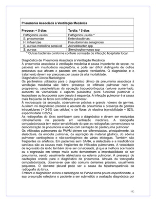 Pneumonia Associada à Ventilação Mecânica
Precoce: < 5 dias Tardia: ³ 5 dias
Patógenos usuais Patógenos usuais *
S. pneumoniae Enterobactérias:
H. influenzae Pseudomonas aeruginosa
S. aureus meticilino sensível Acinetobacter spp
S. aureus Stenotrophomonas spp
* Outras bactérias conforme controle comissão de infecção hospitalar local
Diagnóstico de Pneumonia Associada à Ventilação Mecânica
A pneumonia associada à ventilação mecânica é causa importante de sepse, no
paciente em insuficiência respiratória, e pode ser difícil distingui-la de outros
processos que afetam o paciente em suporte ventilatório. O diagnóstico e o
tratamento devem ser precoces por causa da alta mortalidade.
Diagnóstico Clínico-Radiológico
Os parâmetros utilizados para o diagnóstico clínico da pneumonia associada à
ventilação mecânica são: febre, presença de infiltrado pulmonar novo ou
progressivo, características da secreção traqueobrônquica (volume aumentado,
aumento da viscosidade e aspecto purulento), piora funcional pulmonar e
leucocitose ou leucopenia com desvio à esquerda. A infecção pulmonar é a causa
mais freqüente de febre com infiltrado pulmonar.
À microscopia da secreção, observam-se piócitos e grande número de germes.
Auxiliam no diagnóstico precoce e acurado de pneumonia a presença de germes
intracelulares (> 3-5% das células) e de fibras de elastina (sensibilidade = 52%;
especificidade = 85%).
As radiografias do tórax contribuem para o diagnóstico e devem ser realizadas
rotineiramente no paciente em ventilação mecânica. A tomografia
computadorizada tem maior sensibilidade do que as radiografias convencionais na
demonstração de pneumonia e lesões com cavitação do parênquima pulmonar.
Os infiltrados pulmonares da PAVM devem ser diferenciados, principalmente, da
atelectasia, da embolia pulmonar, da aspiração de material gástrico, do edema
pulmonar cardiogênico e não-cardiogênico de várias etiologias. Também são
freqüentes os artefatos. Em pacientes sem SARA, a atelectasia e a insuficiência
cardíaca são as causas mais freqüentes de infiltrados pulmonares. A velocidade
de regressão da lesão também deve ser considerada, já que a melhora acentuada
ou a regressão em tempo muito curto demonstram a improbabilidade de ser
pneumonia, sendo usualmente atelectasia ou edema pulmonar. A presença de
cavitações orienta para o diagnóstico de pneumonia. Através da tomografia
computadorizada, observa-se que são comuns derrames pleurais, usualmente
pequenos. O derrame pleural pode ser a causa da hipotransparência da
radiografia do tórax.
Embora o diagnóstico clínico e radiológico de PAVM tenha pouca especificidade, a
sua presunção seleciona o paciente a ser submetido a avaliação diagnóstica por
112
 