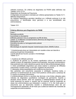 métodos invasivos. Os critérios de diagnóstico da PAVM estão definidos nas
Tabelas 12.9 e 12.10.
Diagnóstico de Exclusão de Pneumonia
O diagnóstico de exclusão é orientado por critérios apresentados na Tabela 12.11.
Métodos Diagnósticos
Os métodos diagnósticos permitem identificar se o infiltrado pulmonar é ou não
pneumônico, a identificação do(s) germe(s) e a sua sensibilidade aos
antimicrobianos.
Tabela 12.9
Critérios Mínimos para Diagnóstico de PAVM
Febre *
Secreção purulenta
Leucocitose ou leucopenia
Infiltrado pulmonar novo ou progressivo ao RX de tórax
Tabela 12.10 Métodos Complementares (Mínimos) de Diagnóstico
Radiografia do tórax
Oximetria de pulso ou hemogasometria arterial
Hemocultura
Microbiologia do aspirado traqueal: bacterioscopia (Gram, BAAR) Cultura
* A bacterioscopia deve ser interpretada com cautela e deve ser descrita a
presença de germes intracelulares
Líquido pleural (se houver): punção e microbiologia
Tabela 12.11
1. Ausência de infiltrado pulmonar
2. Ausência de germes ou de número significativo (ufc/mL de aspirado) em
método invasivo de diagnóstico (lavado broncoalveolar, escovado broncoscópico).
Este parâmetro tem maior relevância quando não for feita antibioticoterapia prévia
3. Outra possibilidade diagnóstica que possa explicar a presença de infiltrados
pulmonares e quadro clínico, a princípio, sugestivo de pneumonia
4. Alterações anatomopatológicas sem evidência de pneumonia
Nos pacientes com pneumonia associada à ventilação mecânica tardia, a
presença na bacterioscopia de cocos Gram-positivos orienta para a presença de
S. aureus no processo pneumônico.
A antibioticoterapia diminui a acurácia das técnicas e dos limites utilizados pelos
métodos de diagnóstico quantitativos (contagem de germes/ml). Quando a
situação clínica permitir, deve ser suspensa a antibioticoterapia durante as 48
horas anteriores ao exame e, quando não for possível, deve-se suspender as
doses dos antimicrobianos que antecedem o exame (> 2 h). De modo geral, a
pneumonia que se desenvolve durante a antibioticoterapia deve ser por
microrganismos resistentes, de tal modo que a coleta de material não necessita da
suspensão de antimicrobianos.
113
 