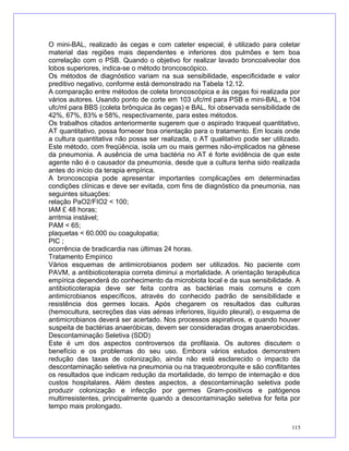 O mini-BAL, realizado às cegas e com cateter especial, é utilizado para coletar
material das regiões mais dependentes e inferiores dos pulmões e tem boa
correlação com o PSB. Quando o objetivo for realizar lavado broncoalveolar dos
lobos superiores, indica-se o método broncoscópico.
Os métodos de diagnóstico variam na sua sensibilidade, especificidade e valor
preditivo negativo, conforme está demonstrado na Tabela 12.12.
A comparação entre métodos de coleta broncoscópica e às cegas foi realizada por
vários autores. Usando ponto de corte em 103 ufc/ml para PSB e mini-BAL, e 104
ufc/ml para BBS (coleta brônquica às cegas) e BAL, foi observada sensibilidade de
42%, 67%, 83% e 58%, respectivamente, para estes métodos.
Os trabalhos citados anteriormente sugerem que o aspirado traqueal quantitativo,
AT quantitativo, possa fornecer boa orientação para o tratamento. Em locais onde
a cultura quantitativa não possa ser realizada, o AT qualitativo pode ser utilizado.
Este método, com freqüência, isola um ou mais germes não-implicados na gênese
da pneumonia. A ausência de uma bactéria no AT é forte evidência de que este
agente não é o causador da pneumonia, desde que a cultura tenha sido realizada
antes do início da terapia empírica.
A broncoscopia pode apresentar importantes complicações em determinadas
condições clínicas e deve ser evitada, com fins de diagnóstico da pneumonia, nas
seguintes situações:
relação PaO2/FIO2 < 100;
IAM £ 48 horas;
arritmia instável;
PAM < 65;
plaquetas < 60.000 ou coagulopatia;
PIC ;
ocorrência de bradicardia nas últimas 24 horas.
Tratamento Empírico
Vários esquemas de antimicrobianos podem ser utilizados. No paciente com
PAVM, a antibioticoterapia correta diminui a mortalidade. A orientação terapêutica
empírica dependerá do conhecimento da microbiota local e da sua sensibilidade. A
antibioticoterapia deve ser feita contra as bactérias mais comuns e com
antimicrobianos específicos, através do conhecido padrão de sensibilidade e
resistência dos germes locais. Após chegarem os resultados das culturas
(hemocultura, secreções das vias aéreas inferiores, líquido pleural), o esquema de
antimicrobianos deverá ser acertado. Nos processos aspirativos, e quando houver
suspeita de bactérias anaeróbicas, devem ser consideradas drogas anaerobicidas.
Descontaminação Seletiva (SDD)
Este é um dos aspectos controversos da profilaxia. Os autores discutem o
benefício e os problemas do seu uso. Embora vários estudos demonstrem
redução das taxas de colonização, ainda não está esclarecido o impacto da
descontaminação seletiva na pneumonia ou na traqueobronquite e são conflitantes
os resultados que indicam redução da mortalidade, do tempo de internação e dos
custos hospitalares. Além destes aspectos, a descontaminação seletiva pode
produzir colonização e infecção por germes Gram-positivos e patógenos
multirresistentes, principalmente quando a descontaminação seletiva for feita por
tempo mais prolongado.
115
 