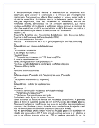 A descontaminação seletiva envolve a administração de antibióticos não-
absorvíveis para prevenir a colonização e a infecção por microrganismos
nosocomiais Gram-negativos, alguns Gram-positivos e fungos, preservando a
microbiota anaeróbica. Antibióticos tópicos isoladamente podem diminuir as
infecções respiratórias, mas não influenciam na mortalidade, embora em
metanálise recente, demonstrada em um protocolo assistencial, que incluía
profilaxia antibiótica efetiva (tópica e sistêmica), poderia diminuir a incidência de
infecções respiratórias em 65% e a mortalidade em 20%. Entretanto, na prática, o
uso da descontaminação seletiva é controverso e não é consenso.
Tabela 12.13
Tratamento Empírico das Pneumonias Estabelecido pelo Consenso Latino-
Americano de Pneumonia do Paciente Adulto (1998)
PAVMAntibioticoterapia Empírica
Precoce Cefalosporina de 2ª ou 3ª geração (sem ação anti-Pseudomonas)
ou
Betalactâmico com inibidor de betalactamase
ou
Clindamicina + aztreonam
e, se alérgico à penicilina
Fluoroquinolona
****Em pacientes comatosos por TCE é comum (50%)
S. aureus meticilino-sensível
TardiaAminoglicosídeo * ou Ciprofloxacina **
* Verificar sensibilidade local e atentar para os efeitos colaterais
**Dose de 400mg 3 x/dia
+
Penicilina anti-Pseudomonas
ou
Cefalosporina de 3ª geração anti-Pseudomonas ou de 4ª geração
ou
Carbapenem (meropenem ou imipenem)
ou
Betalactâmico + inibidor de betalactamase
ou
Aztreonam ***
***Verificar percentual de resistência a Pseudomonas spp
+Vancomicina/Teicoplamina ****
**** Se houver Gram-positivos na secreção
Profilaxia da Lesão Aguda da Mucosa Gástrica
Vários trabalhos da literatura médica têm resultados contraditórios. A premissa
básica é de que o sucralfato associa-se com a diminuição da colonização gástrica.
Alguns autores fazem a referência de que o uso do sucralfato está associado com
uma menor incidência de pneumonia tardia, embora esta afirmação seja discutível.
Não há diminuição na incidência de pneumonia precoce (< 4 dias).
Não foi demonstrado efeito protetor menor da mucosa gástrica do sucralfato em
relação aos bloqueadores H2. A dieta enteral contínua aumenta o pH gástrico, e
quando se utilizam volumes acima de 1.000 ml pode-se prescindir do uso de
116
 