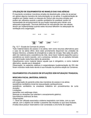 UTILIZAÇÃO DE EQUIPAMENTOS NO MANEJO DAS VIAS AÉREAS
É importante considerar manobras simples de desobstrução, antes de se pensar
em aplicar alguma manobra de instrumentação na via aérea. A suplementação de
oxigênio por cateter nasal e a máscara de Venturi são recursos simples que
podem ser utilizados quando o padrão ventilatório for aceitável, porém há
necessidade de enriquecimento da sua fração inspirada para manter uma
adequada oxigenação. Técnicas definitivas de manutenção das vias aéreas
devem ser implementadas quando estes recursos falharem na adequação da
ventilação e/ou oxigenação.
Fig. 12.7 - Escala de Cormack & Lehane.
Todo material básico de acesso à via aérea, bem como recursos alternativos para
o caso de via aérea difícil, deve estar prontamente disponível nas unidades de
terapia intensiva, unidades de emergência e salas de cirurgia. Nas salas de parto,
além de material para a assistência da mãe, deve haver material específico para a
assistência ao recém-nascido, com a presença, também, de um pediatra treinado
em reanimação nesta faixa etária de pacientes.
Classificamos como material básico aquele que é obrigatório, e como material
alternativo, aquele que é desejável.
Observação: os aspectos relativos à oxigenoterapia (suplementação de O2) não
foram incluídos neste texto devido à sua inclusão na próxima edição do Consenso.
EQUIPAMENTOS UTILIZADOS EM SITUAÇÕES SEM INTUBAÇÃO TRAQUEAL
MÁSCARA FACIAL (MATERIAL BÁSICO)
Indicações:
pré-oxigenação do paciente antes das manobras de acesso à via aérea;
assistência ventilatória inicial de ressuscitação cardiopulmonar;
assistência ventilatória na anestesia inalatória em procedimentos de curta
duração;
Limitações:
pacientes com estômago cheio;
doenças ou situações que retardem o esvaziamento gástrico;
traumatismos extensos de face.
Observações:
1 - Deve ser utilizada associada a sistema respiratório com bolsa, com ou sem
válvula, com o objetivo de ventilar o paciente não intubado ou que será intubado.
A bolsa deve possuir reservatório e ser conectada a uma fonte de oxigênio.
141
 