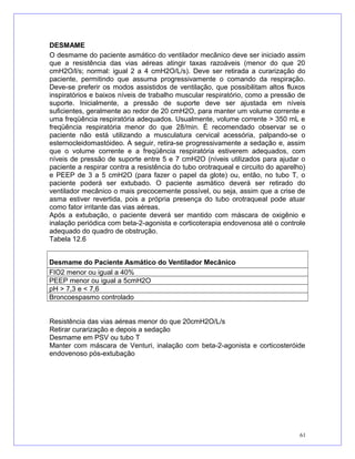 DESMAME
O desmame do paciente asmático do ventilador mecânico deve ser iniciado assim
que a resistência das vias aéreas atingir taxas razoáveis (menor do que 20
cmH2O/l/s; normal: igual 2 a 4 cmH2O/L/s). Deve ser retirada a curarização do
paciente, permitindo que assuma progressivamente o comando da respiração.
Deve-se preferir os modos assistidos de ventilação, que possibilitam altos fluxos
inspiratórios e baixos níveis de trabalho muscular respiratório, como a pressão de
suporte. Inicialmente, a pressão de suporte deve ser ajustada em níveis
suficientes, geralmente ao redor de 20 cmH2O, para manter um volume corrente e
uma freqüência respiratória adequados. Usualmente, volume corrente > 350 mL e
freqüência respiratória menor do que 28/min. É recomendado observar se o
paciente não está utilizando a musculatura cervical acessória, palpando-se o
esternocleidomastóideo. A seguir, retira-se progressivamente a sedação e, assim
que o volume corrente e a freqüência respiratória estiverem adequados, com
níveis de pressão de suporte entre 5 e 7 cmH2O (níveis utilizados para ajudar o
paciente a respirar contra a resistência do tubo orotraqueal e circuito do aparelho)
e PEEP de 3 a 5 cmH2O (para fazer o papel da glote) ou, então, no tubo T, o
paciente poderá ser extubado. O paciente asmático deverá ser retirado do
ventilador mecânico o mais precocemente possível, ou seja, assim que a crise de
asma estiver revertida, pois a própria presença do tubo orotraqueal pode atuar
como fator irritante das vias aéreas.
Após a extubação, o paciente deverá ser mantido com máscara de oxigênio e
inalação periódica com beta-2-agonista e corticoterapia endovenosa até o controle
adequado do quadro de obstrução.
Tabela 12.6
Desmame do Paciente Asmático do Ventilador Mecânico
FIO2 menor ou igual a 40%
PEEP menor ou igual a 5cmH2O
pH > 7,3 e < 7,6
Broncoespasmo controlado
Resistência das vias aéreas menor do que 20cmH2O/L/s
Retirar curarização e depois a sedação
Desmame em PSV ou tubo T
Manter com máscara de Venturi, inalação com beta-2-agonista e corticosteróide
endovenoso pós-extubação
61
 