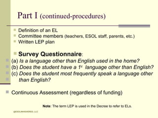 Part I (continued-procedures)


Definition of an EL
Committee members (teachers, ESOL staff, parents, etc.)
Written LEP plan



Survey Questionnaire:




 (a) Is a language other than English used in the home?
 (b) Does the student have a 1st language other than English?
 (c) Does the student most frequently speak a language other

than English?
 Continuous Assessment (regardless of funding)
Note: The term LEP is used in the Decree to refer to ELs.
@ESOLINHIGHERED, LLC

 