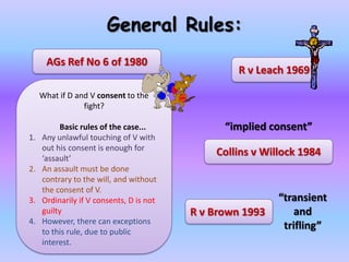 General Rules:“implied consent”Collins v Willock 1984AGs Ref No 6 of 1980R v Leach 1969What if D and V consent to the fight?Basic rules of the case...Any unlawful touching of V with out his consent is enough for ‘assault’An assault must be done contrary to the will, and without the consent of V.Ordinarily if V consents, D is not guiltyHowever, there can exceptions to this rule, due to public interest. “transient and trifling”R v Brown 1993