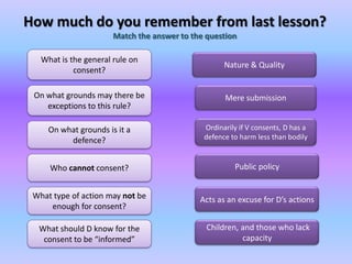 How much do you remember from last lesson?Match the answer to the questionWhat is the general rule on consent?Nature & QualityOn what grounds may there be exceptions to this rule?Mere submissionOrdinarily if V consents, D has a defence to harm less than bodily On what grounds is it a defence?Who cannot consent?Public policyWhat type of action may not be enough for consent?Acts as an excuse for D’s actionsWhat should D know for the consent to be “informed”  Children, and those who lack capacity