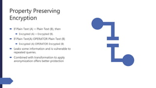 Property Preserving
Encryption
 If Plain Text (A) < Plain Text (B), then
 Encrypted (A) < Encrypted (B).
 If Plain Text(A) OPERATOR Plain Text (B)
 Encrypted (A) OPERATOR Encrypted (B)
 Leaks some information and is vulnerable to
repeated queries.
 Combined with transformation to apply
anonymization offers better protection
 