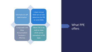 What PPE
offers
Informational self-
determination.
I share not just
fields but can also
determine the PPE
on some fields.
Composable with
Other
Anonymization
functions –
PPE(T(X))
Allows T(X) to be
built for fields
which can be
normalized to PPE
fields
 