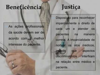  
Beneficência 
 As ações profissionais 
da saúde devem ser de 
acordo com o melhor 
interesse do paciente. 
Justiça 
 Disposição para reconhecer 
imparcialmente o direito de 
cada um e atender os 
pacientes na maneira 
correta. A imparcialidade de 
nortear os atos médicos, 
impede que aspectos 
discriminatórios interfiram 
na relação entre médico e 
paciente. 
 