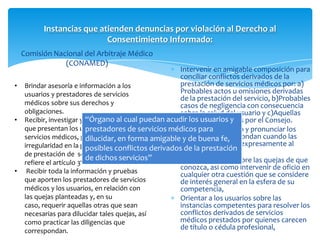 Instancias que atienden denuncias por violación al Derecho al
                          Consentimiento Informado:
  Comisión Nacional del Arbitraje Médico
              (CONAMED)
                                                     Intervenir en amigable composición para
                                                     conciliar conflictos derivados de la
• Brindar asesoría e información a los               prestación de servicios médicos por: a)
  usuarios y prestadores de servicios                Probables actos u omisiones derivadas
                                                     de la prestación del servicio, b)Probables
  médicos sobre sus derechos y                       casos de negligencia con consecuencia
  obligaciones.                                      sobre la salud del usuario y c)Aquellas
• Recibir, investigar y atender las quejas puedan acudir los usuarios y
                         “Órgano al cual             que sean acordadas por el Consejo.
  que presentan los usuarios de los de servicios médicos para árbitro y pronunciar los
                         prestadores                 Fungir como
  servicios médicos, por la posible forma amigablelaudos que correspondan cuando las
                         dilucidar, en                y de buena fe,
                                                     partes se sometan expresamente al
  irregularidad en la prestación o negativa derivados de la prestación
                         posibles conflictos         arbitraje:
  de prestación de servicios a que se
                         de dichos servicios”        Emitir opiniones sobre las quejas de que
  refiere el artículo 3º de este Decreto.
• Recibir toda la información y pruebas
                                                     conozca, así como intervenir de oficio en
                                                     cualquier otra cuestión que se considere
  que aporten los prestadores de servicios           de interés general en la esfera de su
  médicos y los usuarios, en relación con            competencia,
  las quejas planteadas y, en su                     Orientar a los usuarios sobre las
  caso, requerir aquellas otras que sean             instancias competentes para resolver los
  necesarias para dilucidar tales quejas, así        conflictos derivados de servicios
  como practicar las diligencias que                 médicos prestados por quienes carecen
  correspondan.
                                                     de título o cédula profesional,
 